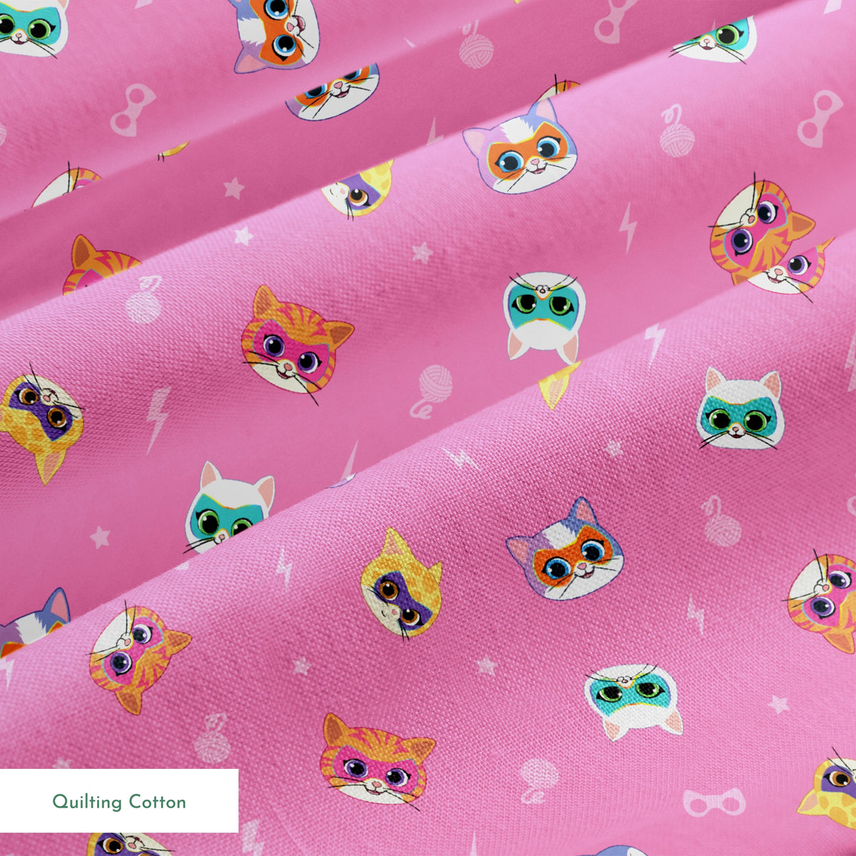 Disney Jr's. SuperKitties Friends Furever on Pink Fabric