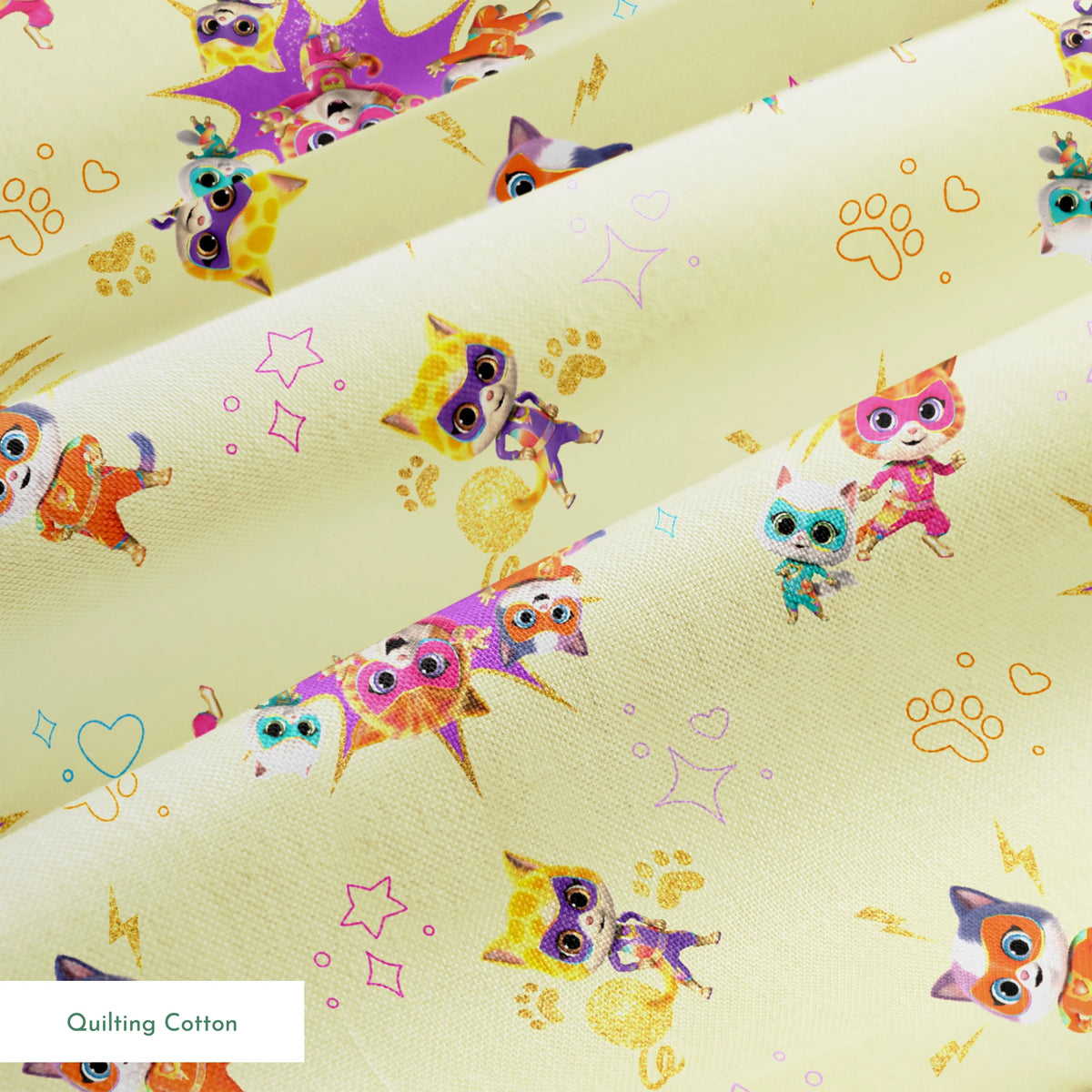 Disney Jr's. SuperKitties Fierce Fighters on Yellow Fabric