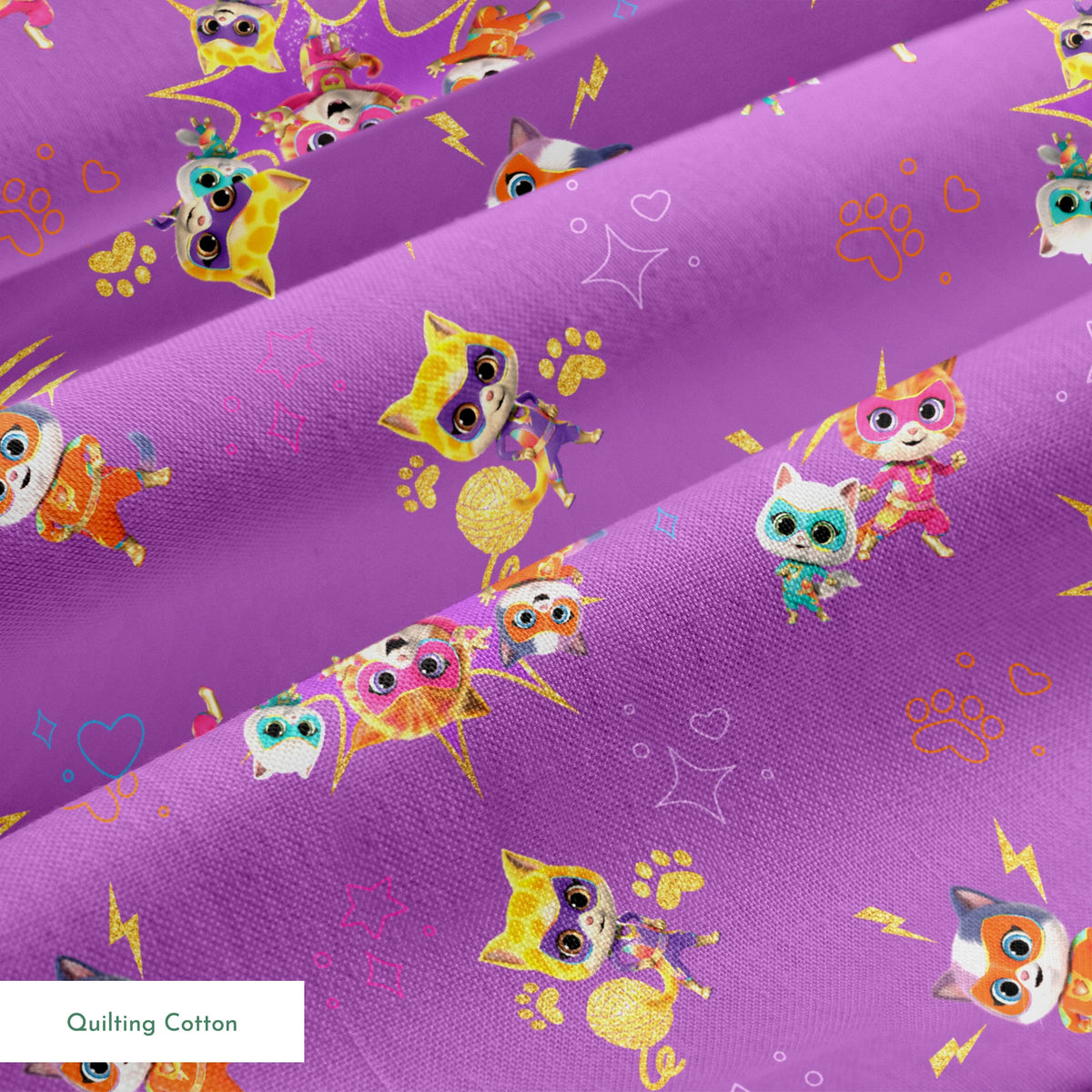 Disney Jr's. SuperKitties Fierce Fighters on Purple Fabric