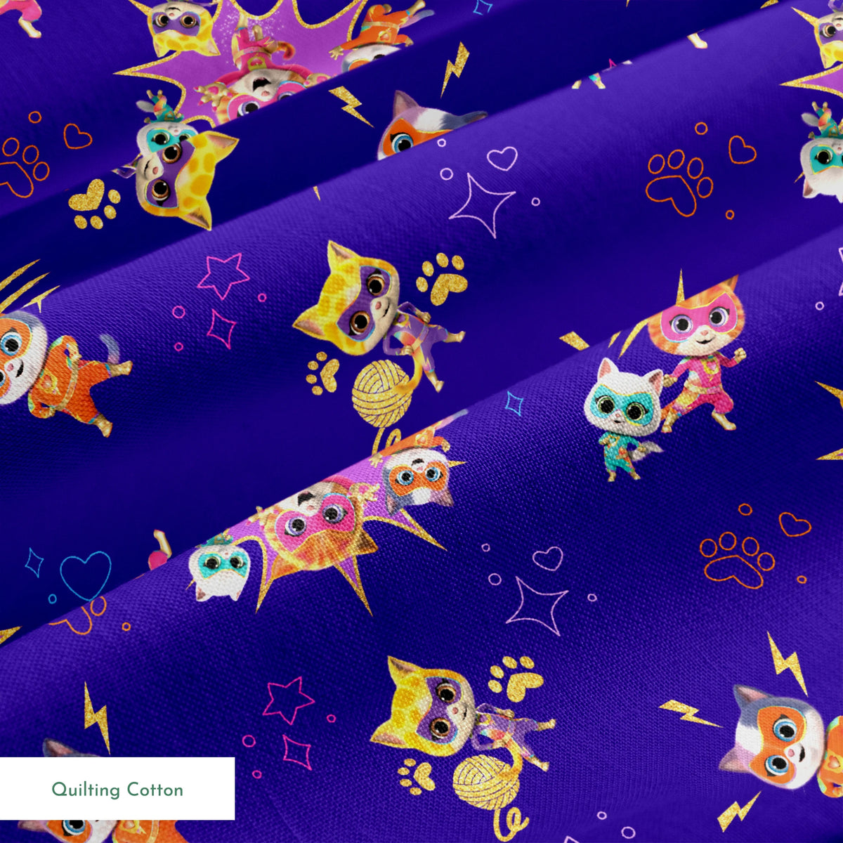 Disney Jr's. SuperKitties Fierce Fighters on Blue Fabric