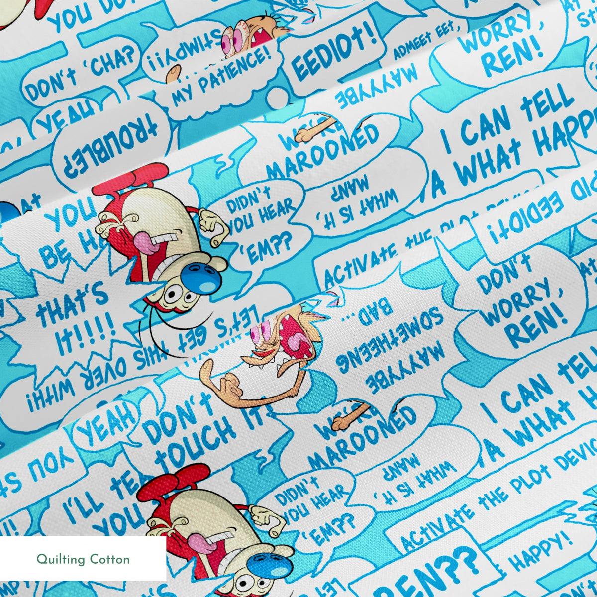 Ren & Stimpy Word Blurbs on Blue Fabric