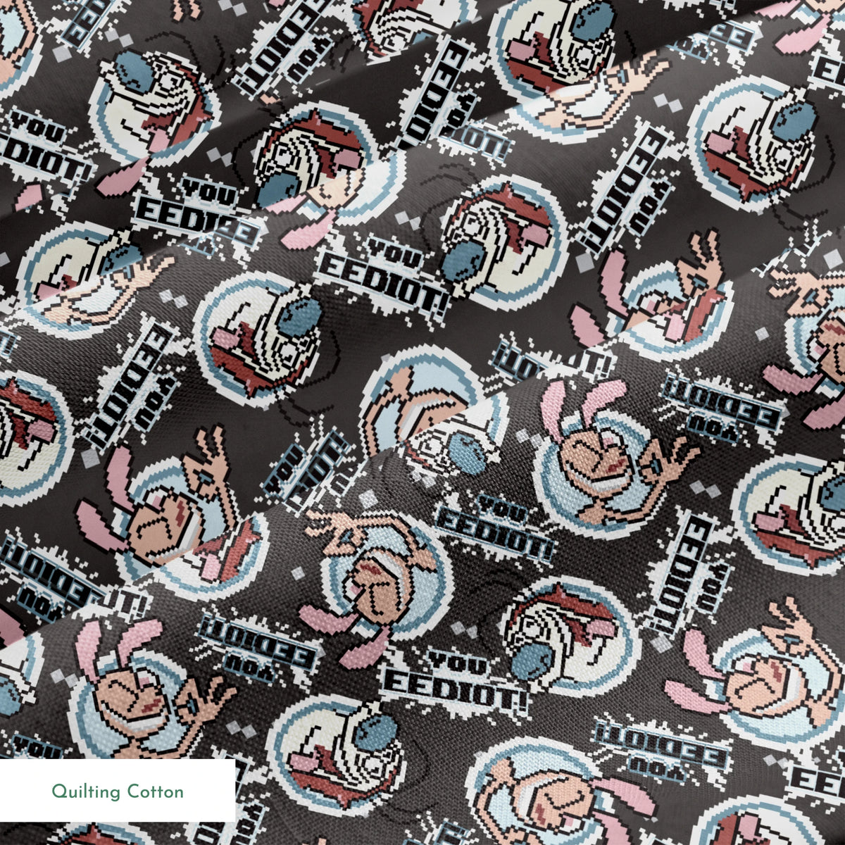 Ren & Stimpy EEDIOT! Pixels on Gray Fabric