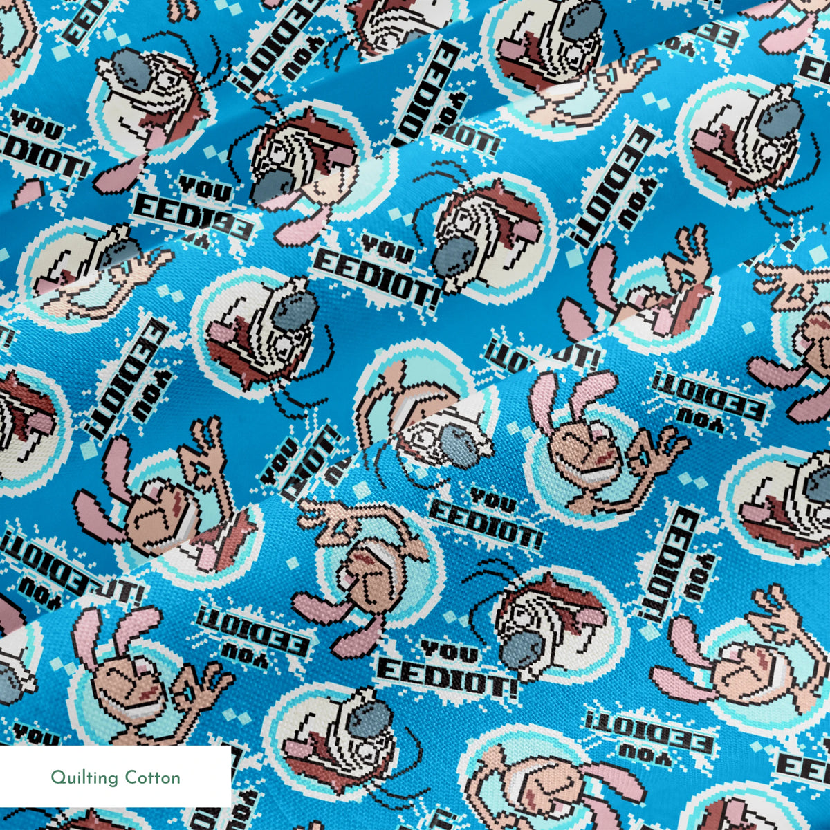 Ren & Stimpy EEDIOT! Pixels on Blue Fabric