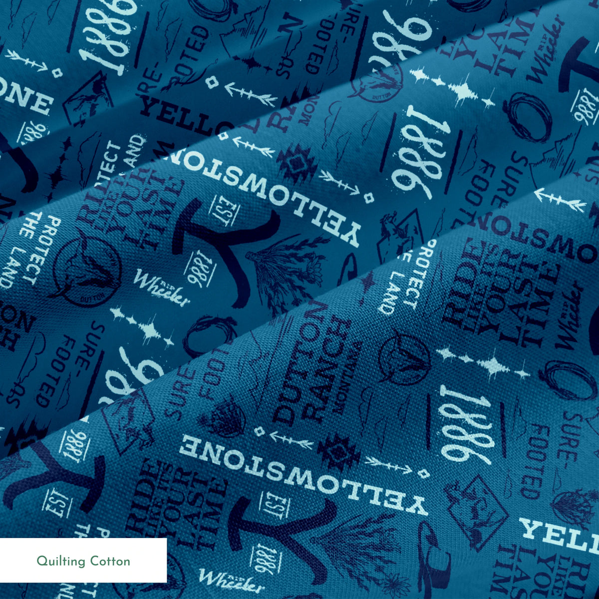 Paramount Yellowstone Verbiage Collage on Blue Fabric