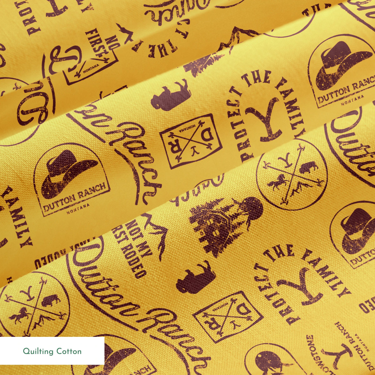 Paramount Yellowstone Dutton Ranch Icons on Yellow Fabric