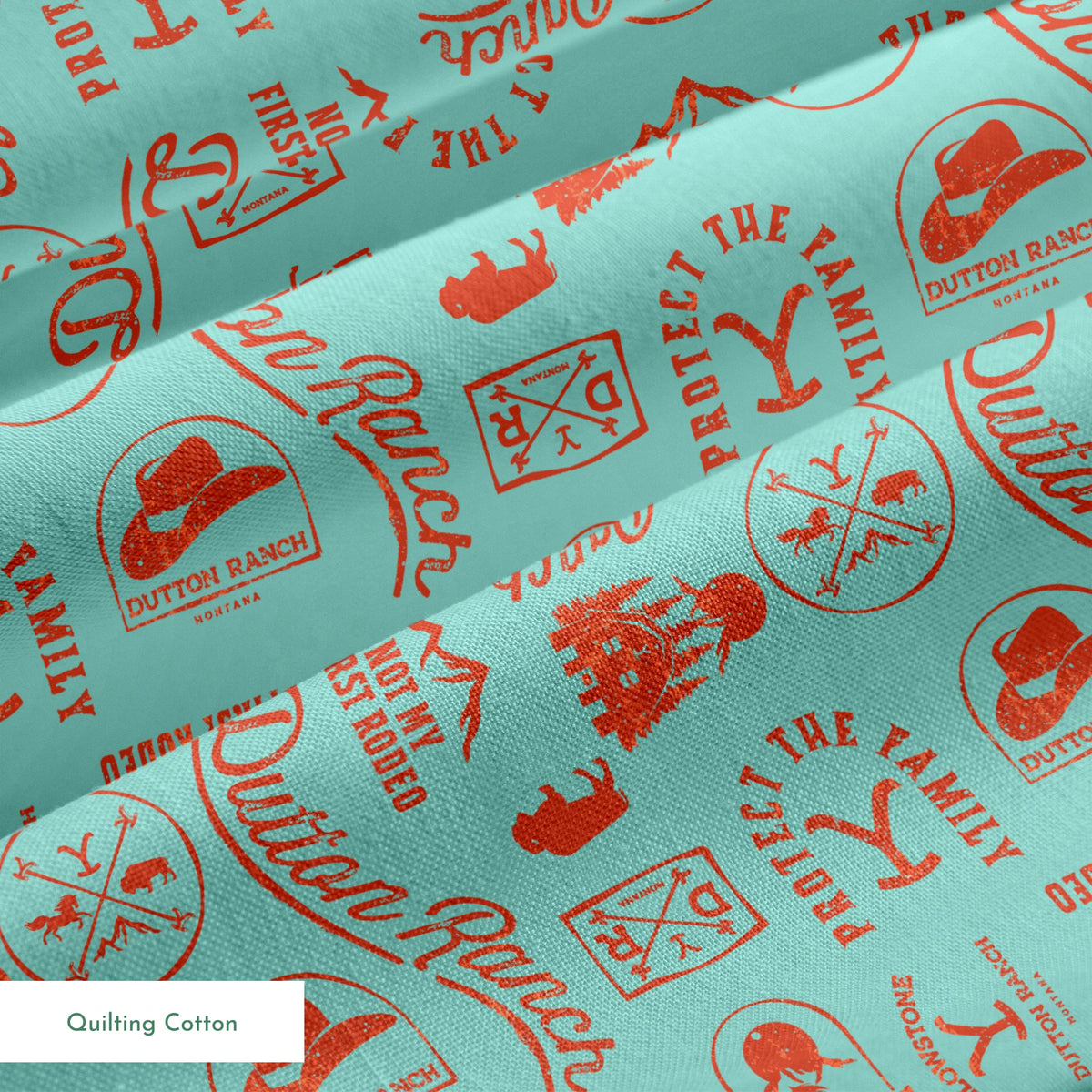 Paramount Yellowstone Dutton Ranch Icons on Aqua Fabric
