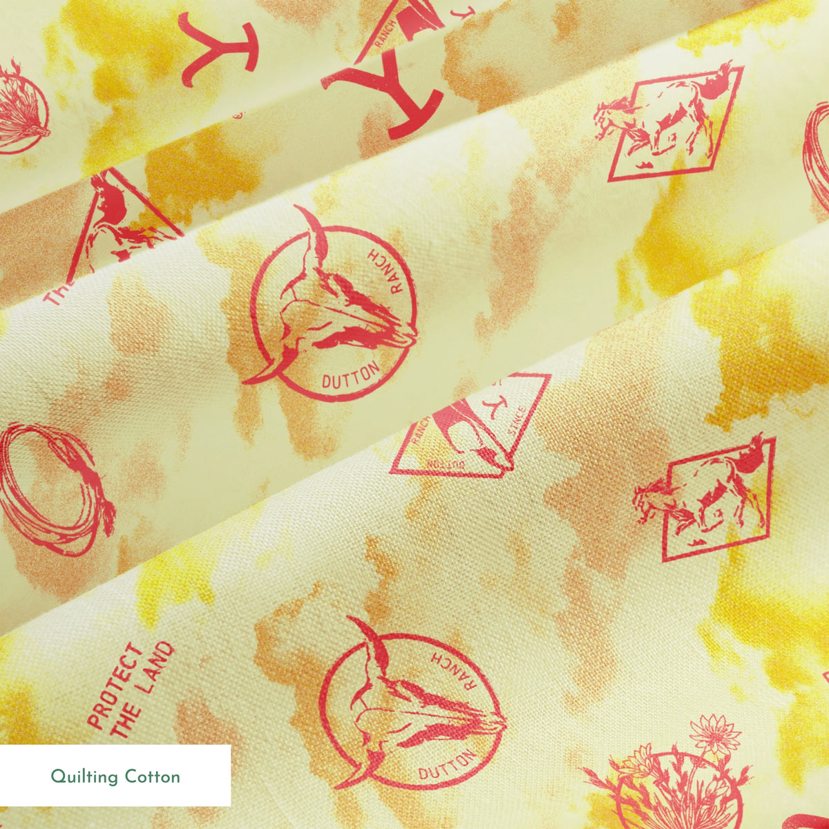 Paramount Yellowstone Icons in the Clouds on Sunset Yellow Fabric