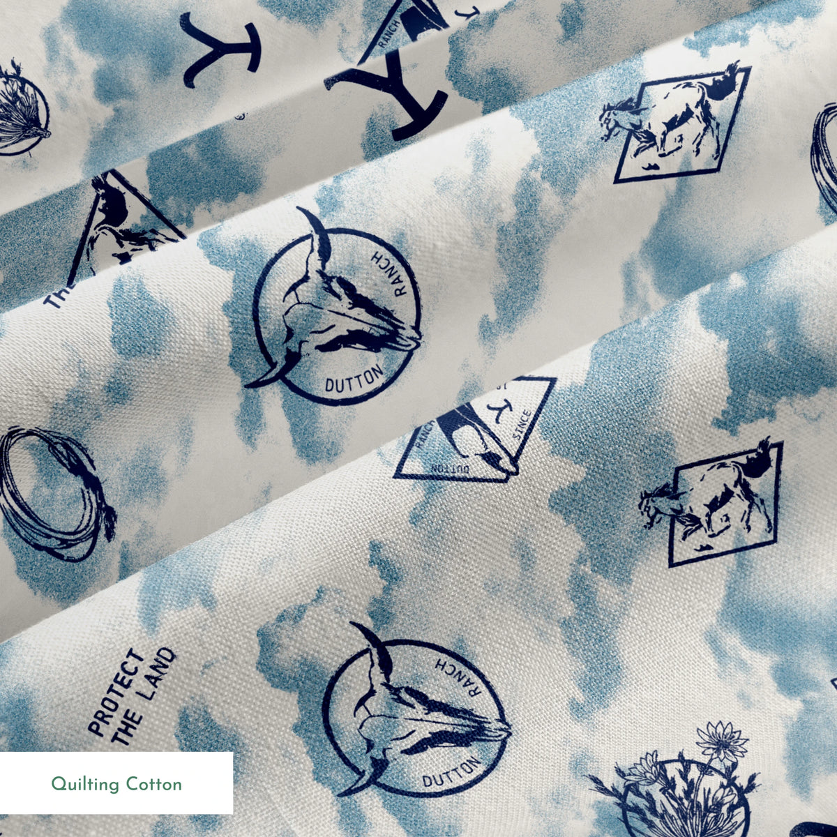 Paramount Yellowstone Icons in the Clouds on Blue Fabric