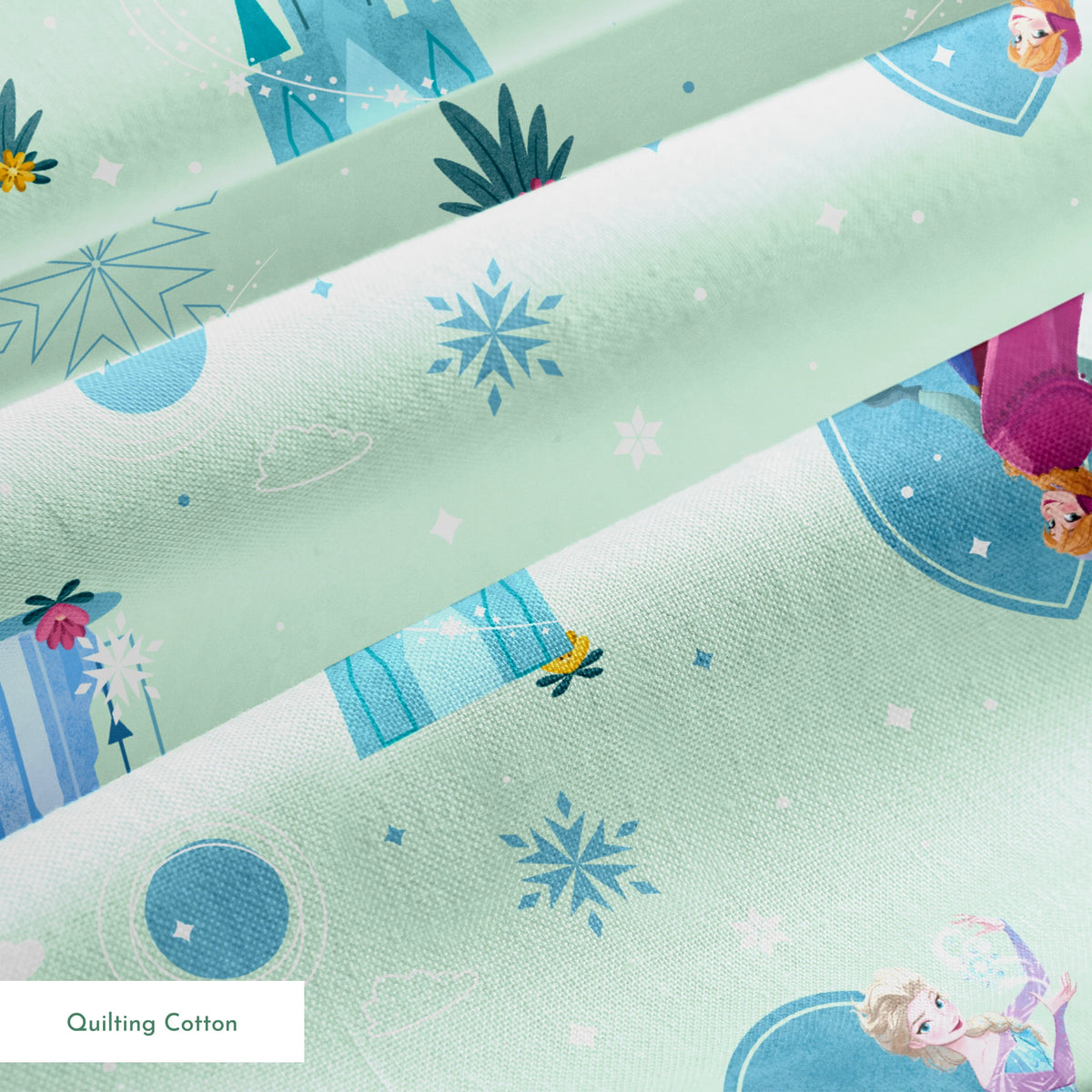 Disney Frozen Falling Snow on Green Fabric