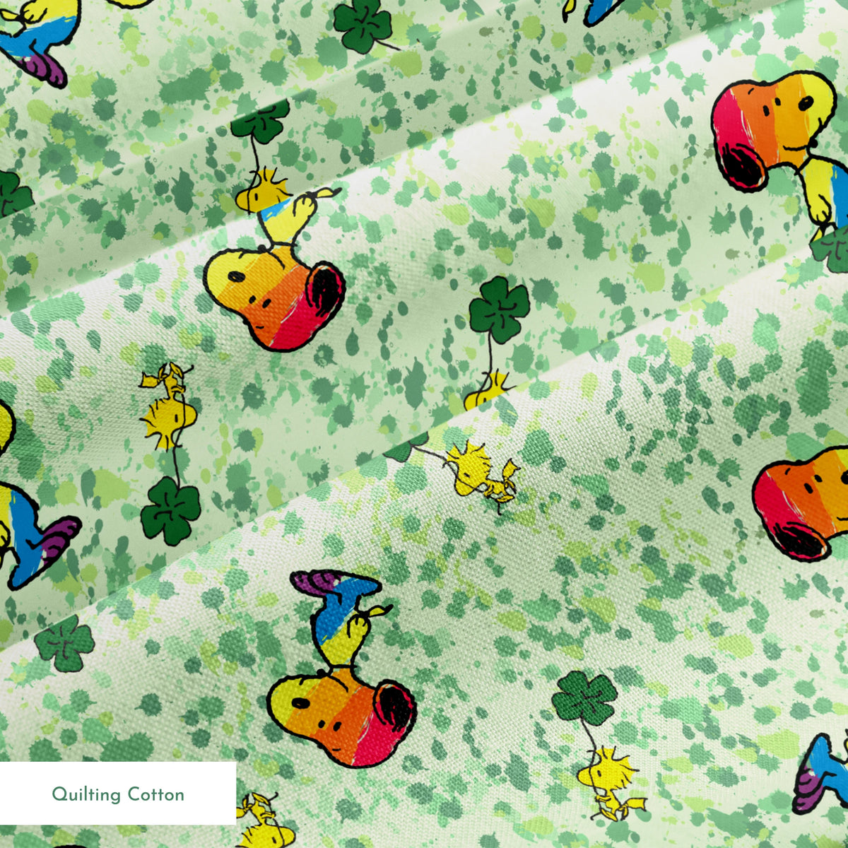 Peanuts Woodstock & Snoopy on Green Clover Fabric
