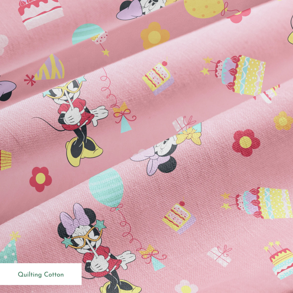 Minnie Mouse pattern on pink background with cakes, candy, and desserts scattered throughout.