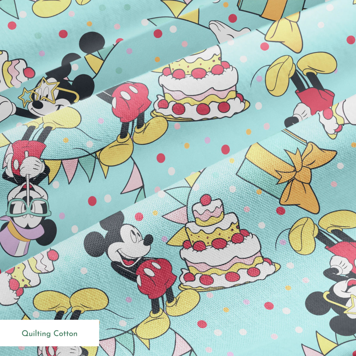 Mickey Mouse celebrating with cakes, presents, and colorful party decorations on light blue background.
