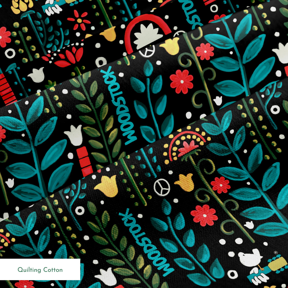 Woodstock Retro Greenery on Black Fabric