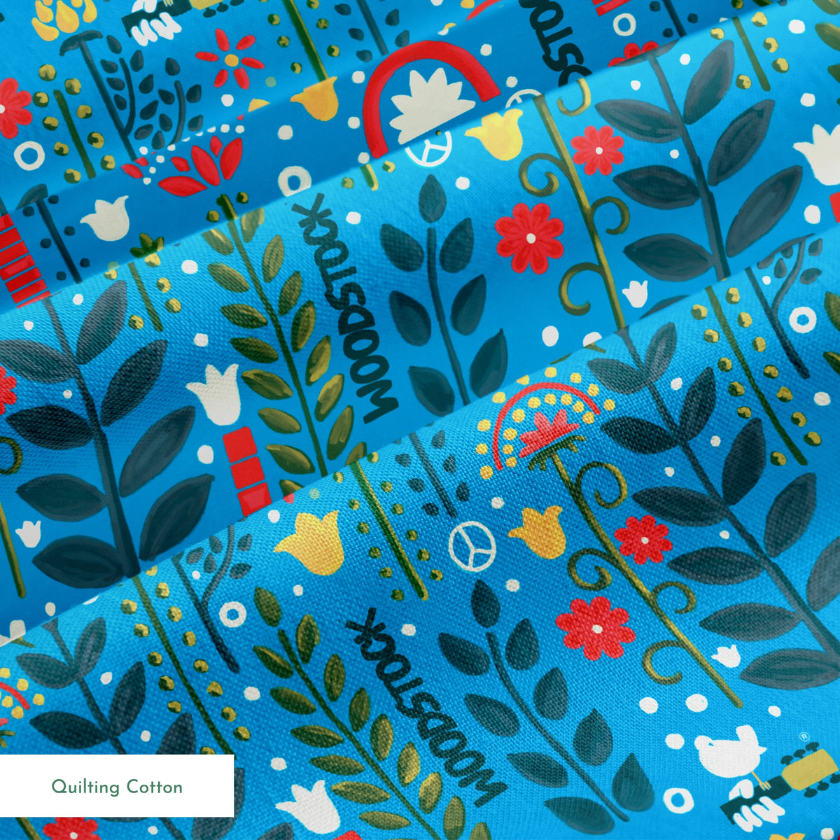 Woodstock Retro Greenery on Blue Fabric