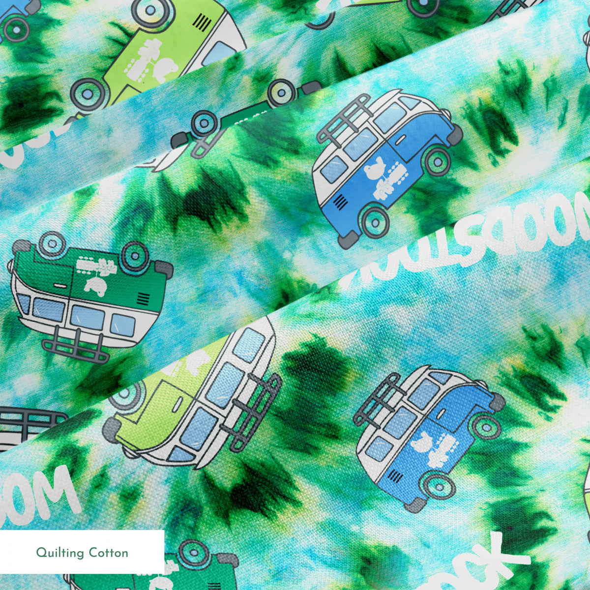 Woodstock Tie-dye Van on Green Fabric