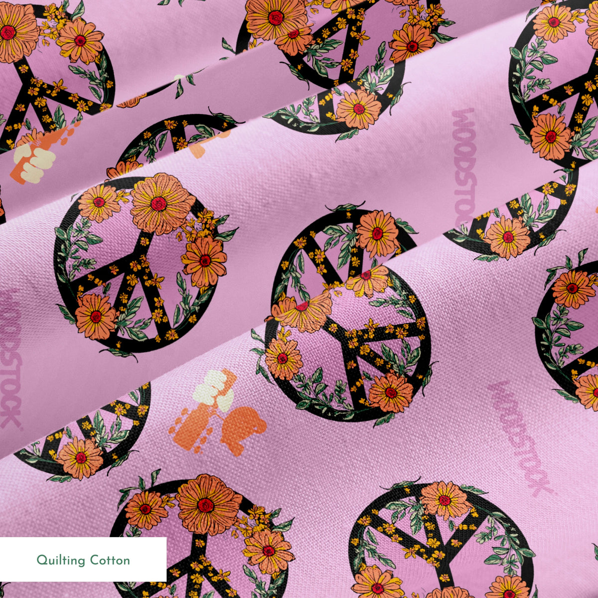 Woodstock Floral Peace Signs on Lavender Fabric