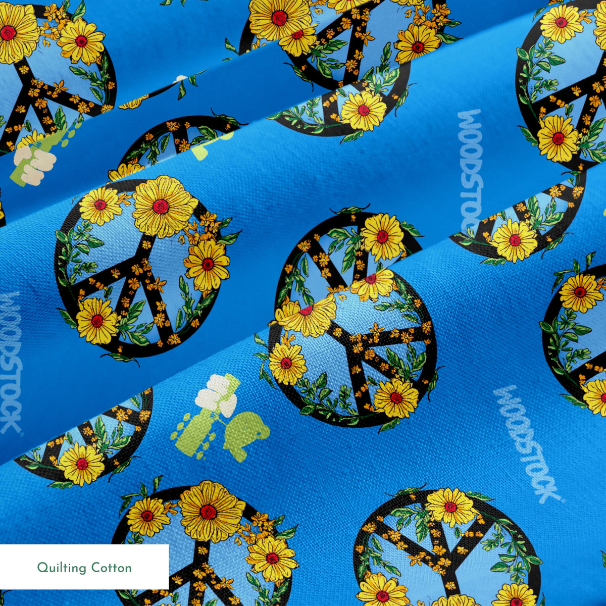 Woodstock Floral Peace Signs on Blue Fabric