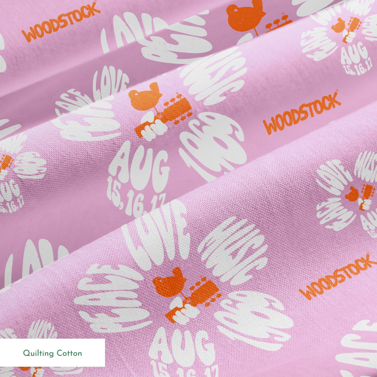 Woodstock Peace, Love, Music Florals on Lavender Fabric