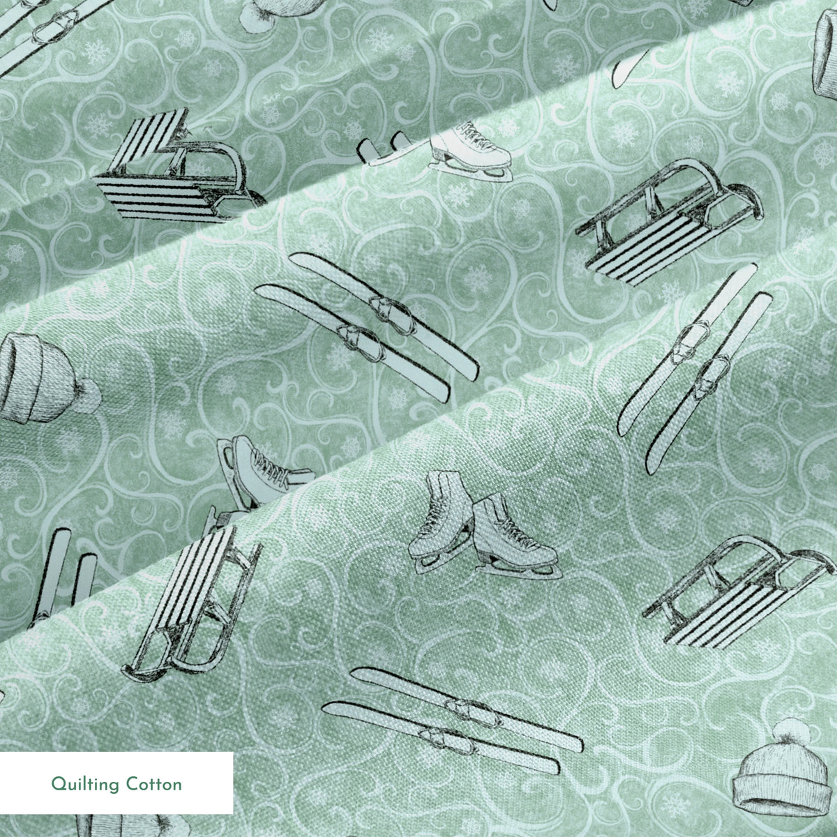 Saturday Evening Post Vintage Winter Fun on Light Green Fabric