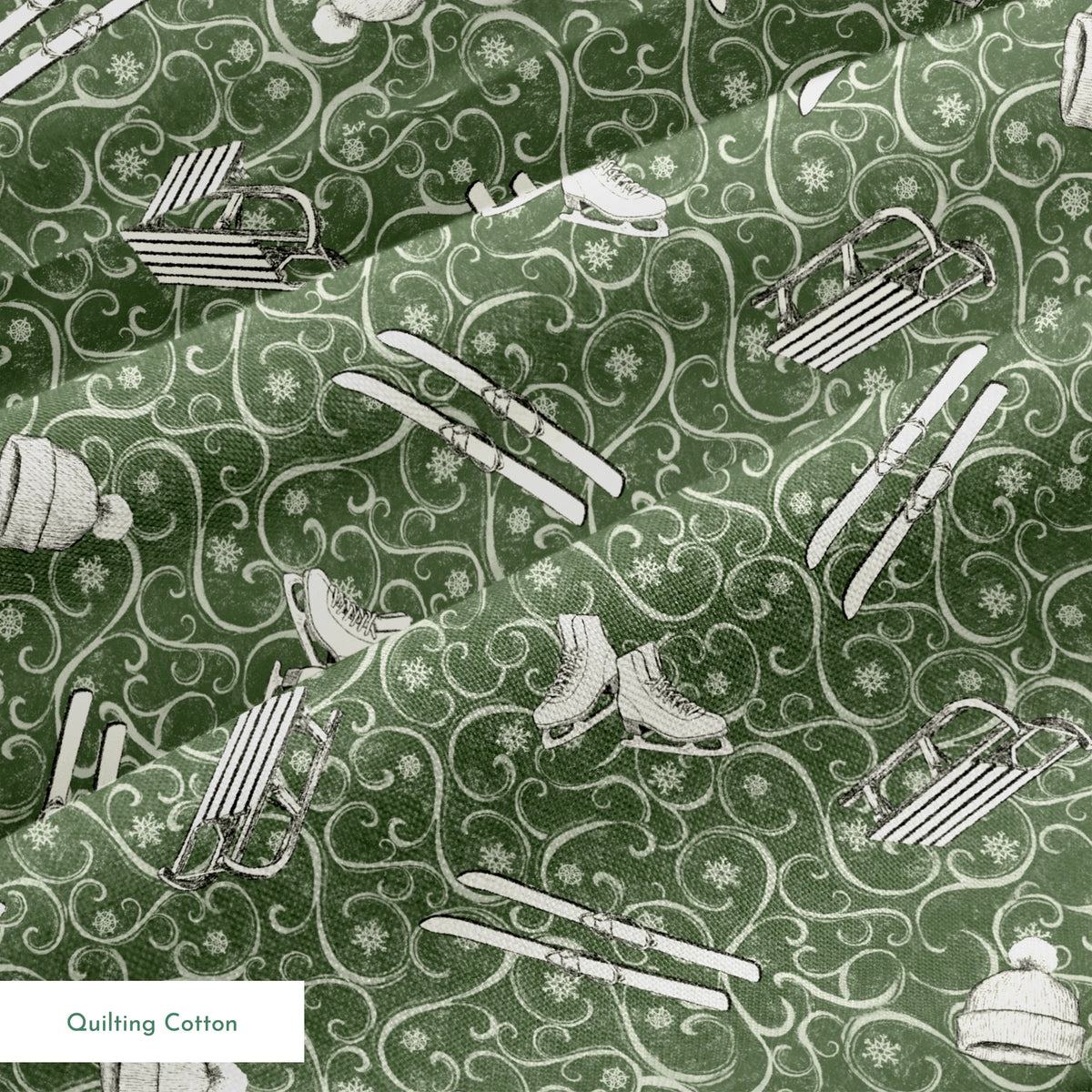 Saturday Evening Post Vintage Winter Fun on Green Fabric