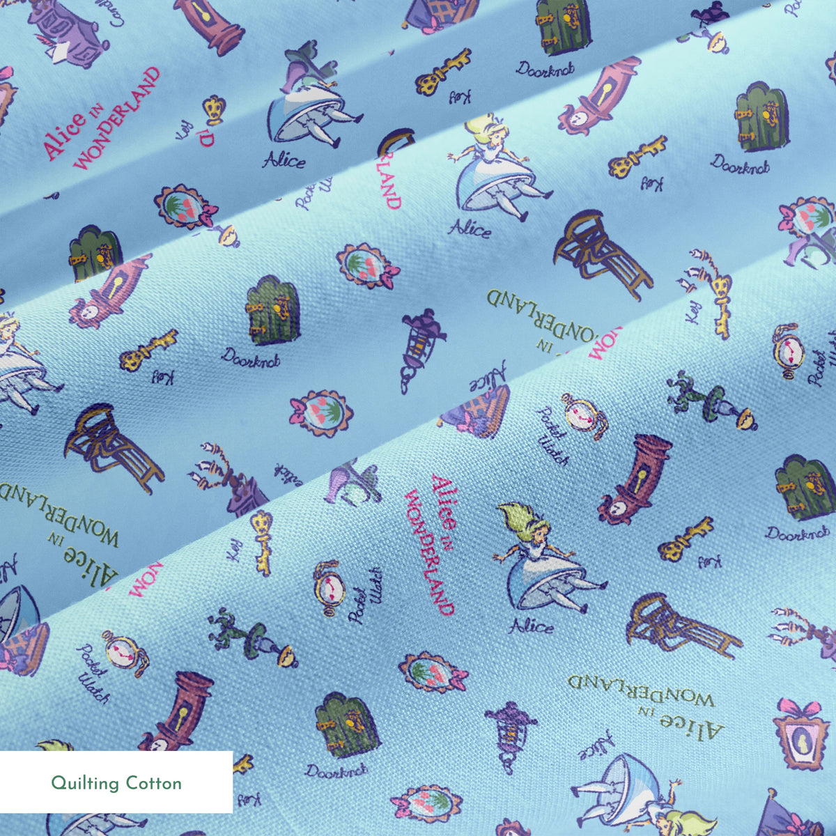 Disney Alice in Wonderland  Down the Rabbit Hole on Blue Fabric