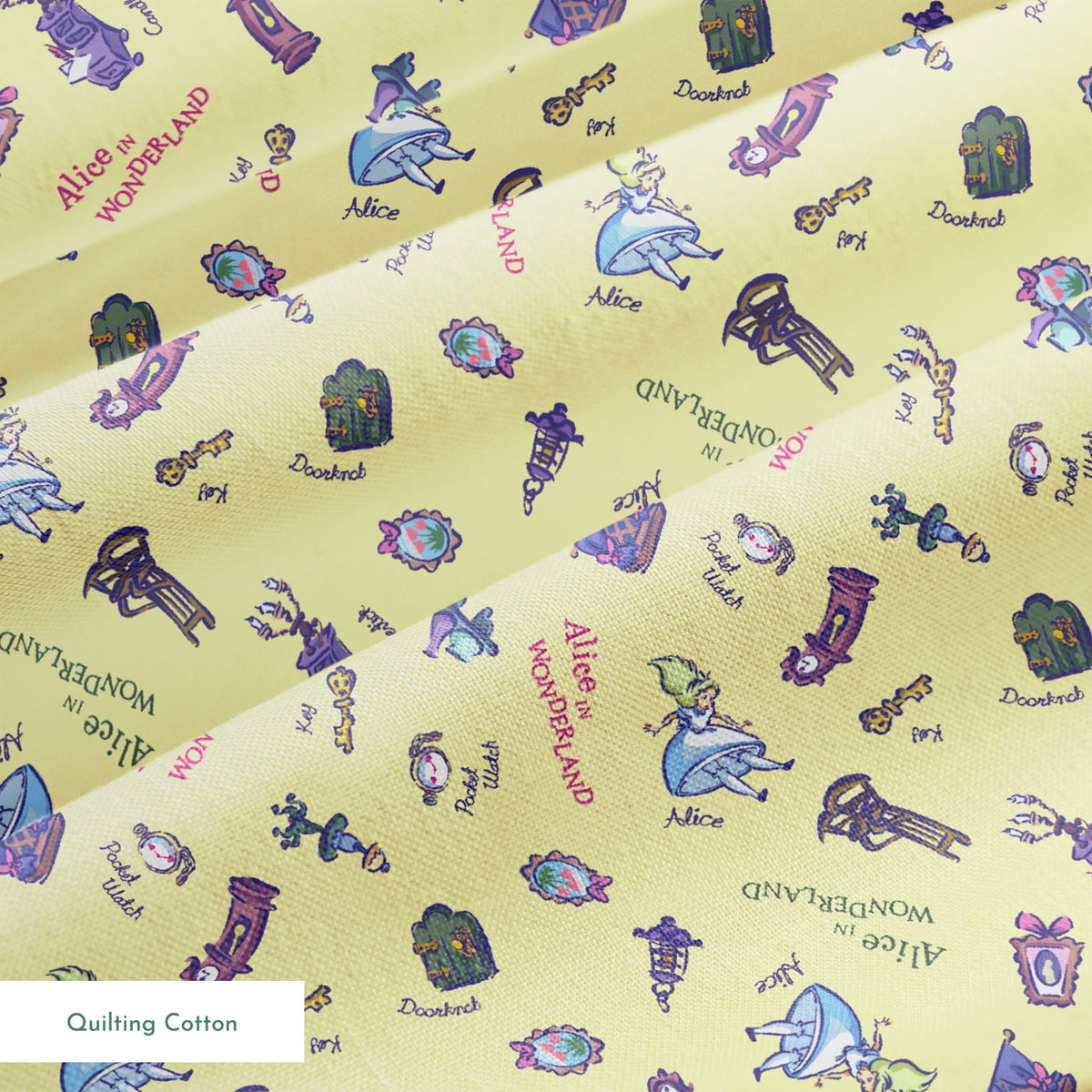 Disney Alice in Wonderland  Down the Rabbit Hole on Yellow Fabric