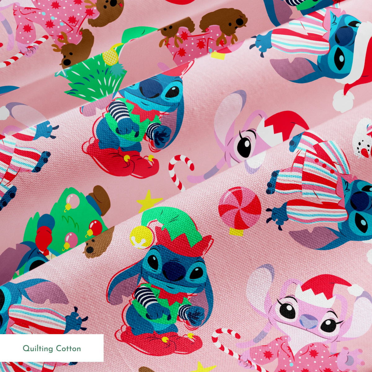 Disney's Stitch in Christmas outfits with trees and decorations on pink background