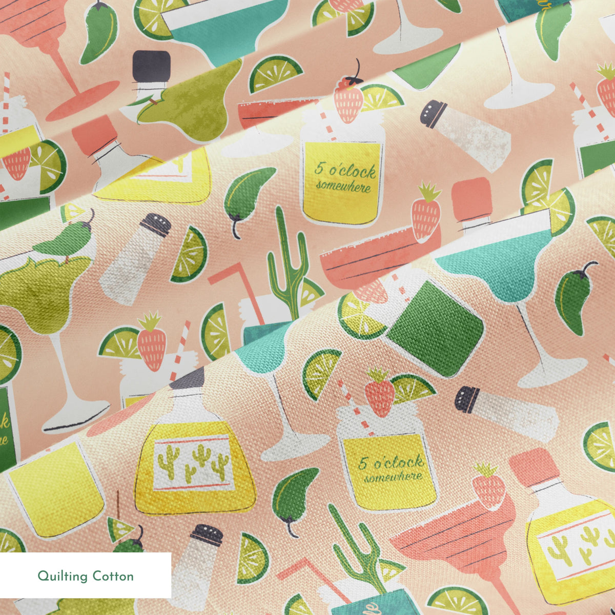 Colorful Margaritaville cocktail pattern with margaritas, tequila bottles, lime slices, and salt shakers on pink background