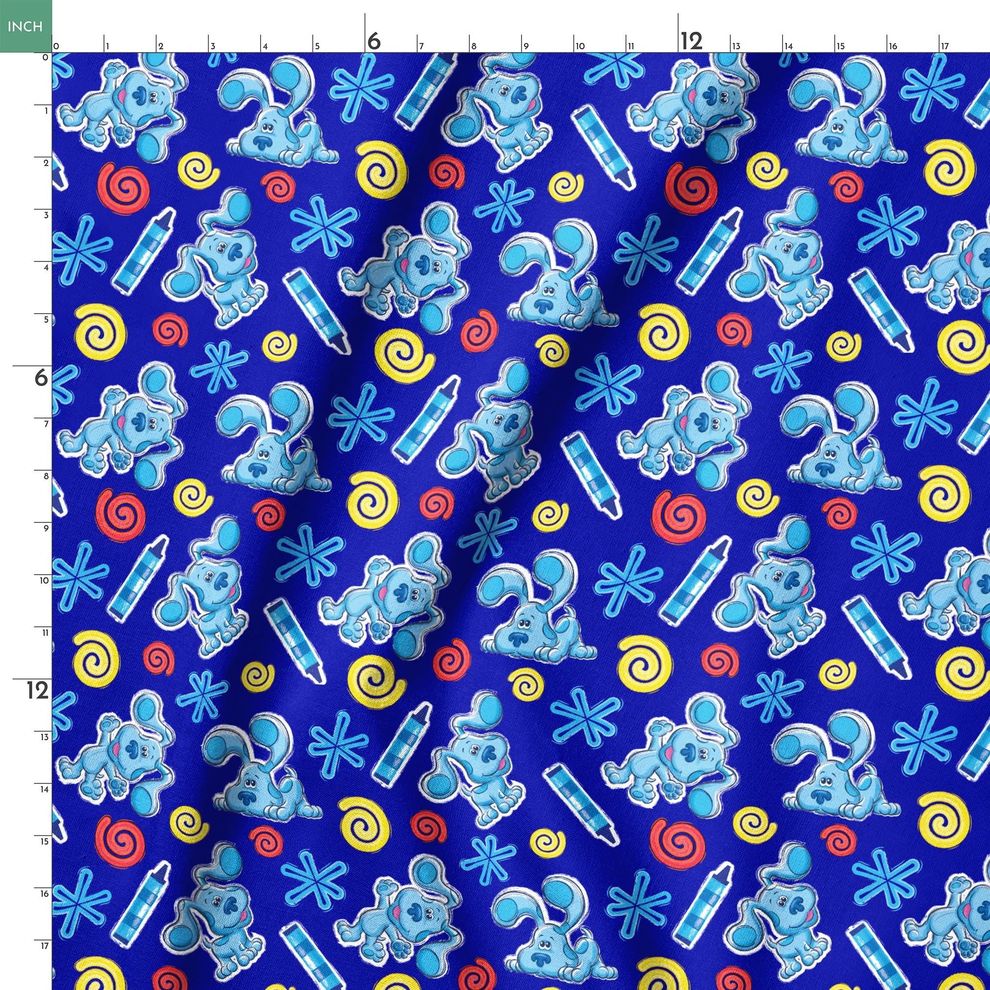 Blue background pattern with cartoon dog characters, snowflakes, spiral shapes, and thermometers in light blue, yellow, and red colors springs ruler 18x18