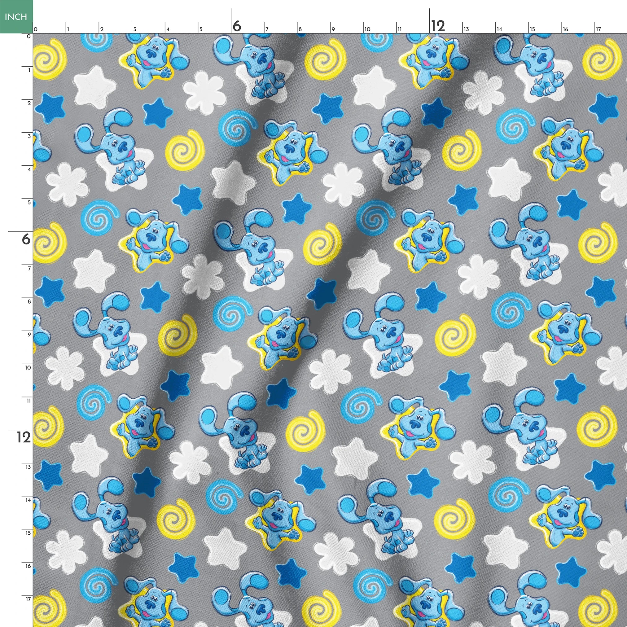 Blue cartoon elephants with stars, swirls, and clouds pattern on gray background springs ruler 18x18