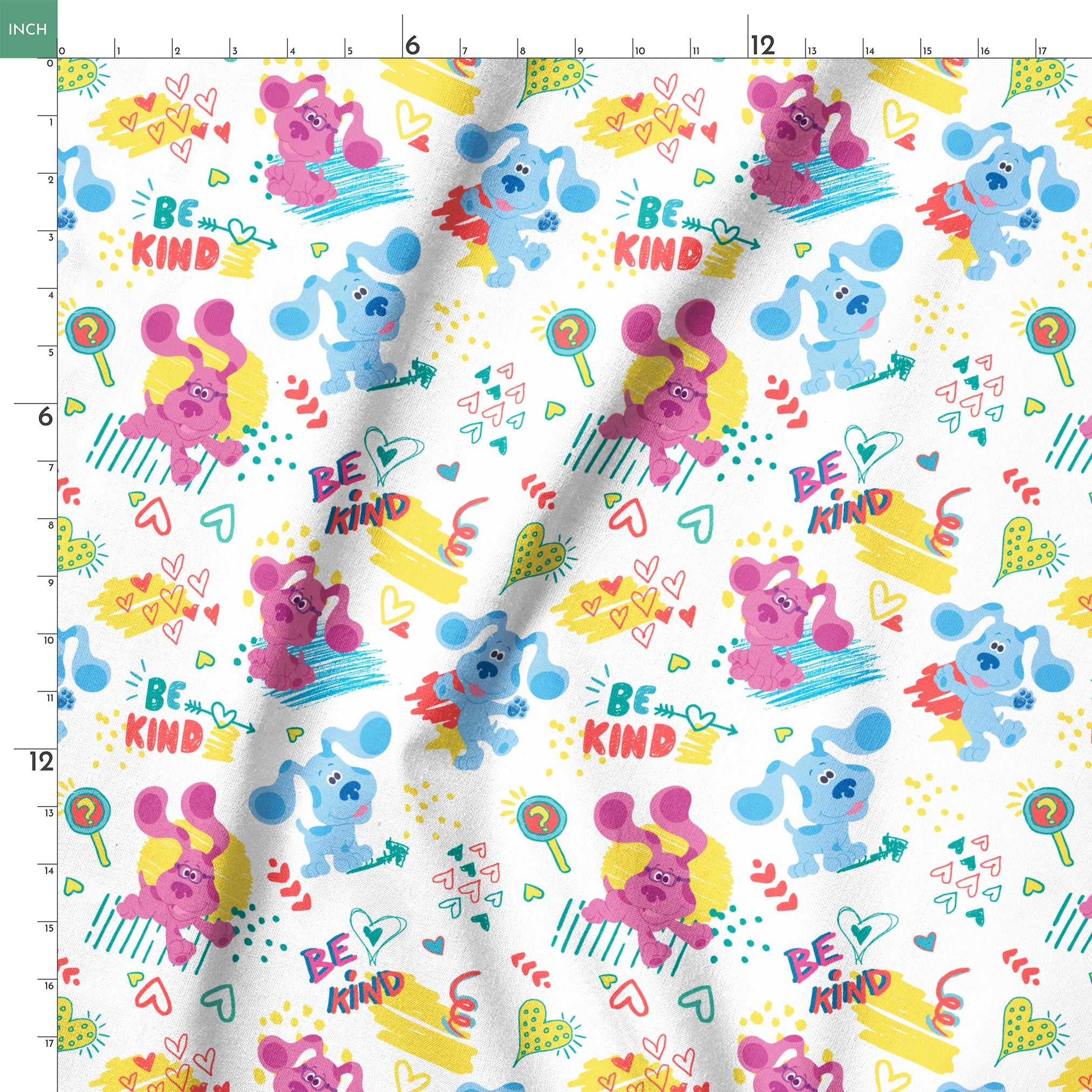 Colorful cartoon pattern with blue koalas and purple mice, hearts, and "BE KIND" text on white background springs ruler 18x18