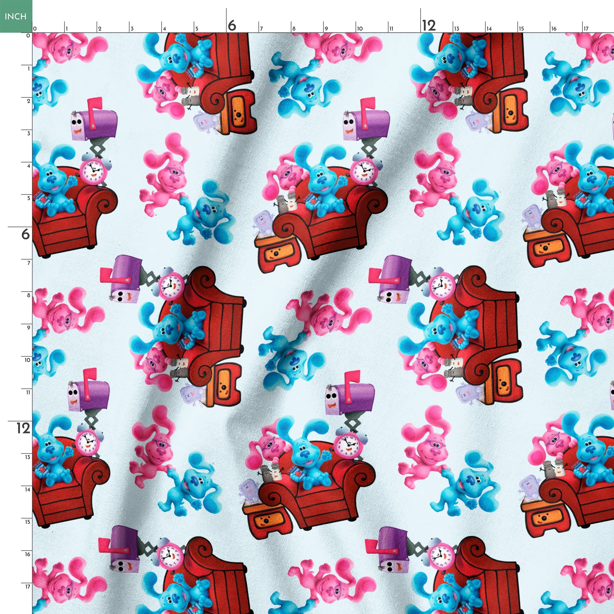 Colorful pattern featuring cartoon blue and pink puppy characters with armchairs, mailboxes, and clocks springs ruler 18x18