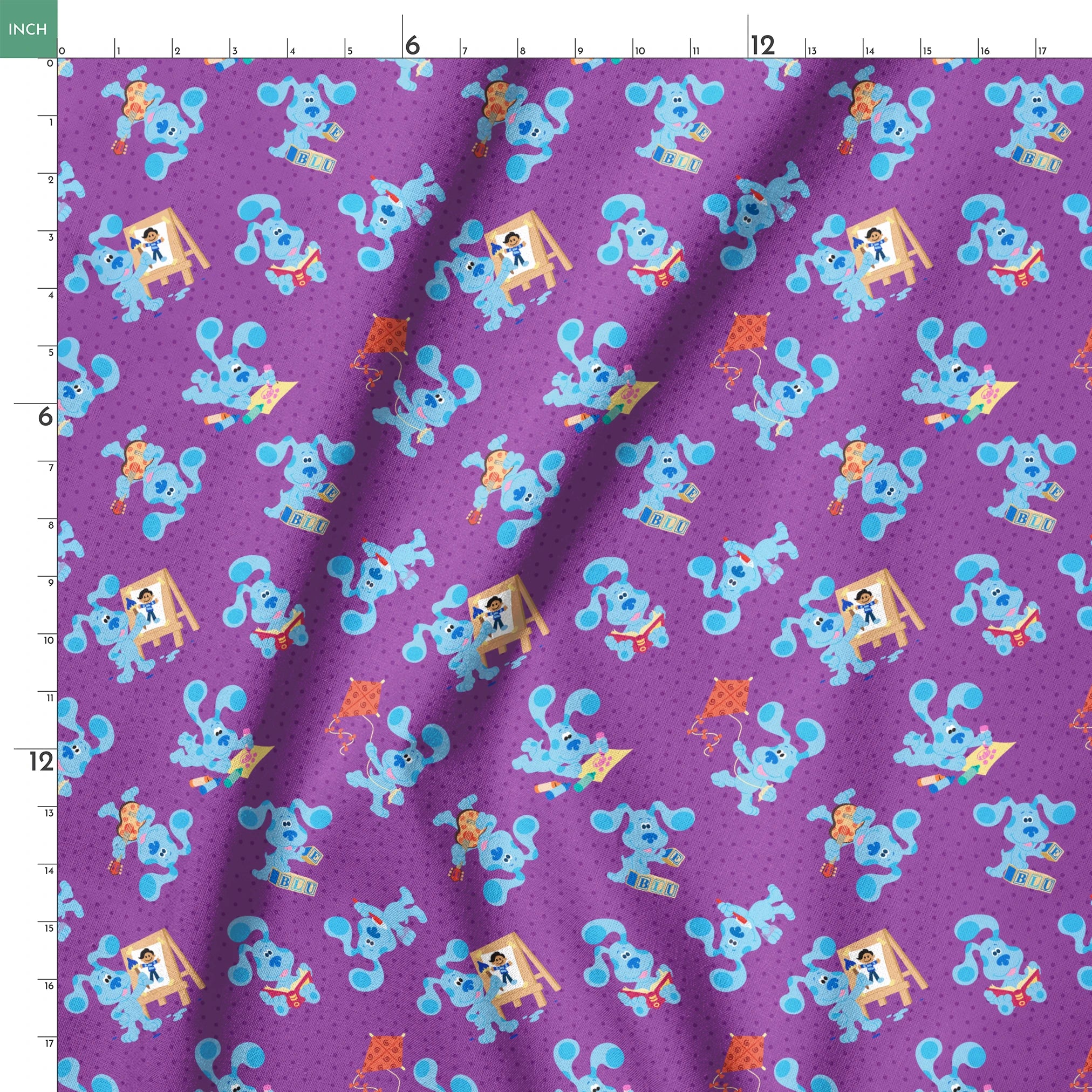 Blue cartoon dog characters on purple polka dot background with toys and alphabet blocks pattern springs ruler 18x18