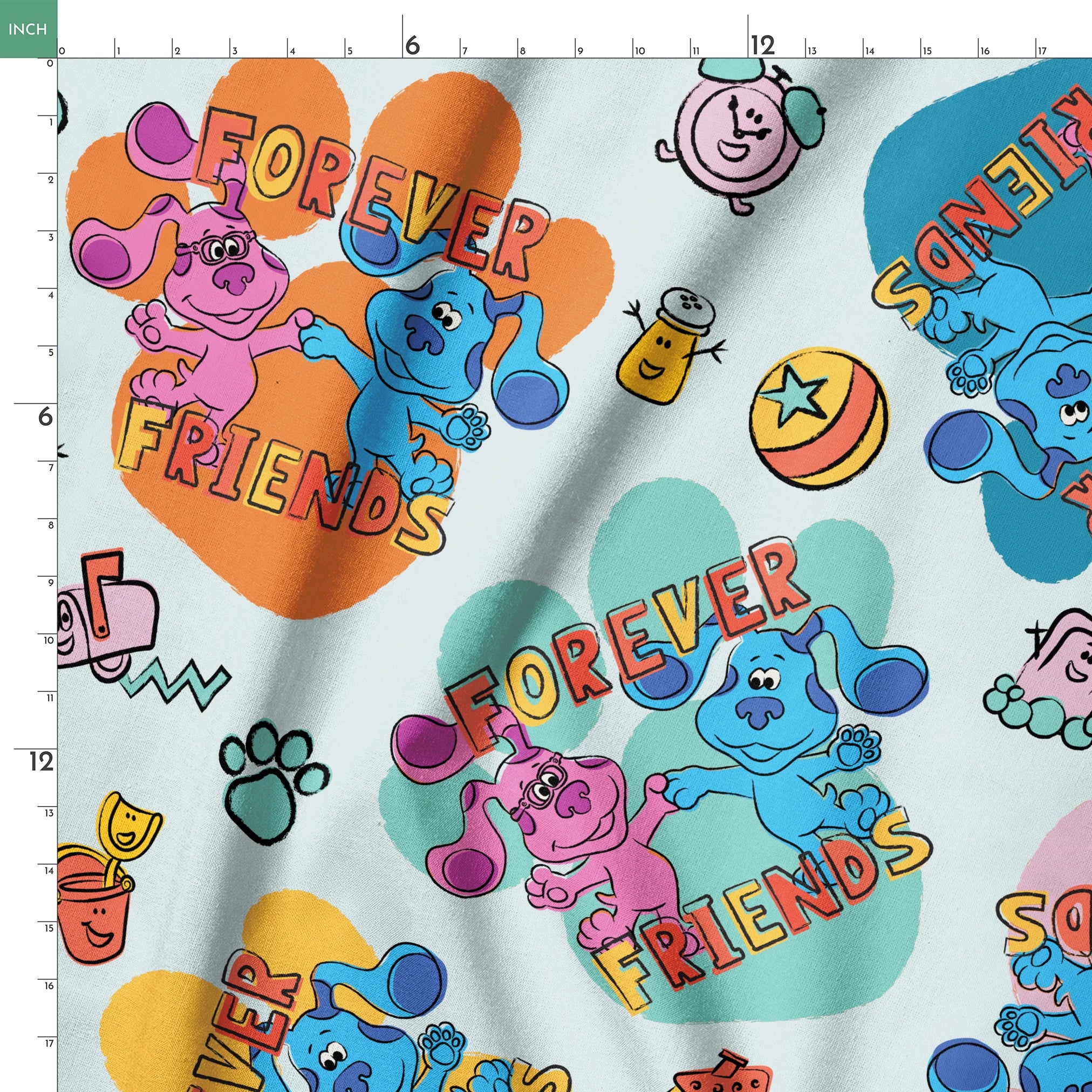 Colorful cartoon pattern with blue and pink characters, "FOREVER FRIENDS" text, and small playful icons on a light background springs ruler 18x18