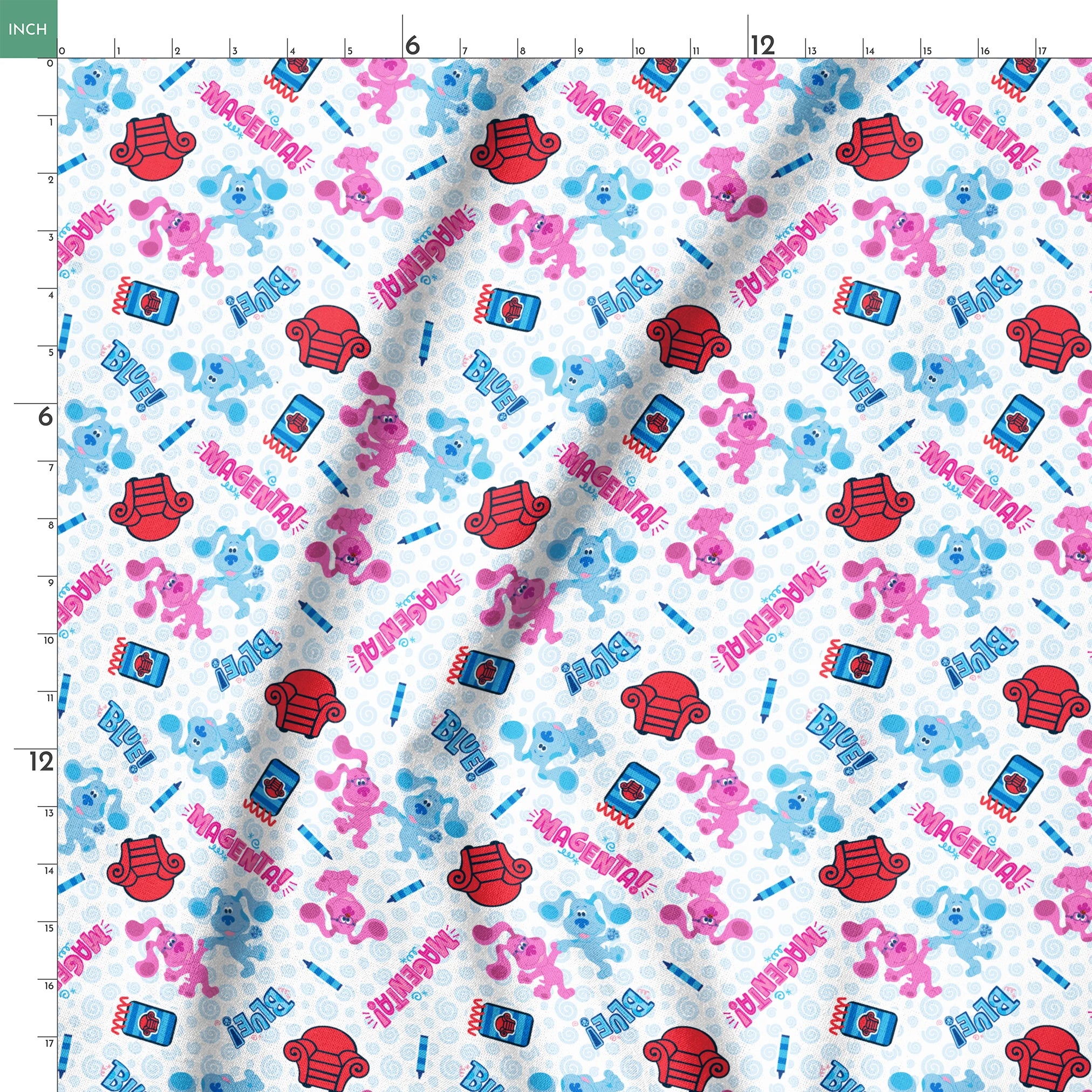 Nickelodeon, Colorful Blue's Clues pattern with blue and pink puppies, red chairs, notebooks, and crayons on a light blue background springs ruler 18x18