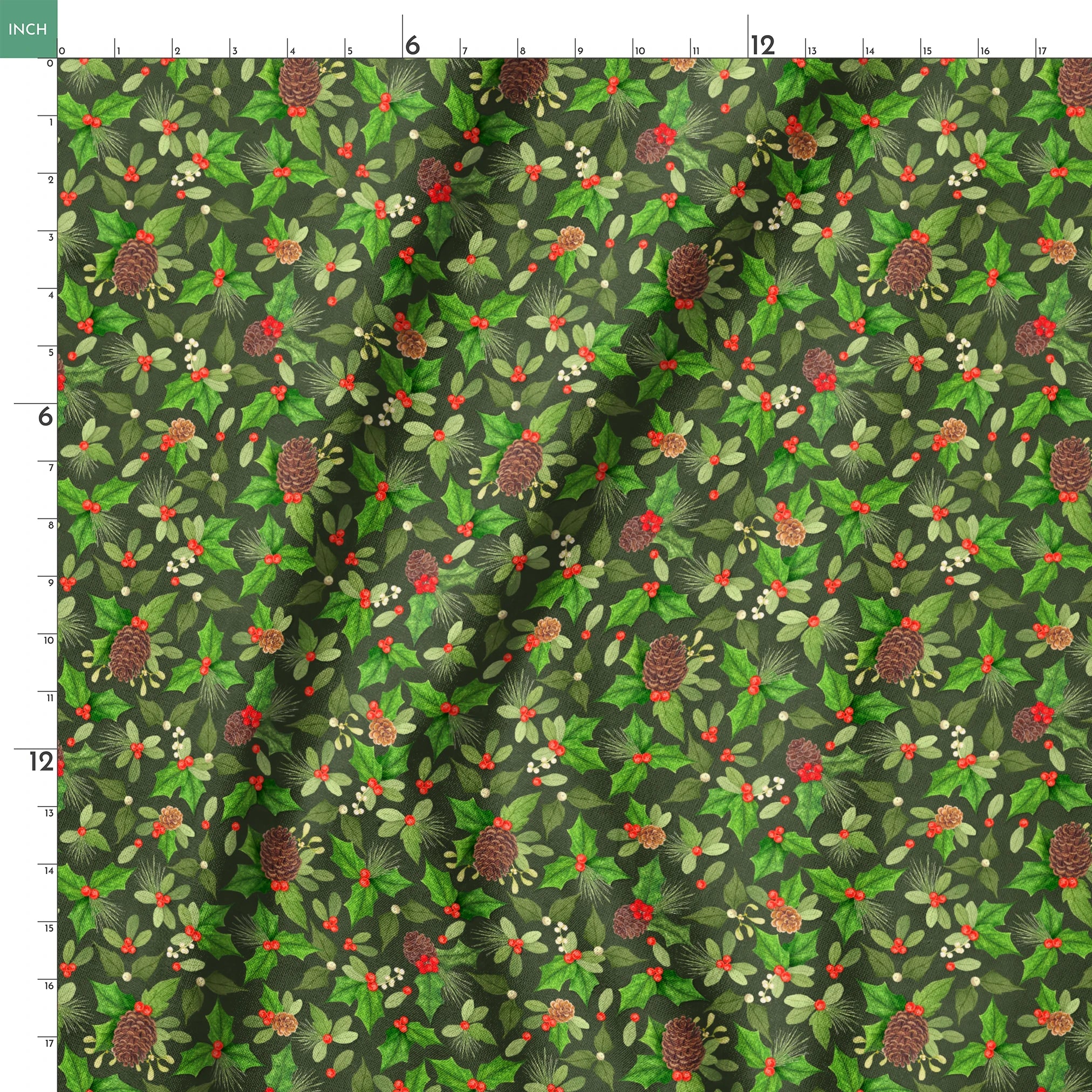 Seamless holiday pattern by Nicole Tamarin featuring pinecones, holly, red berries, and green foliage on a dark green background. springs ruler 18x18