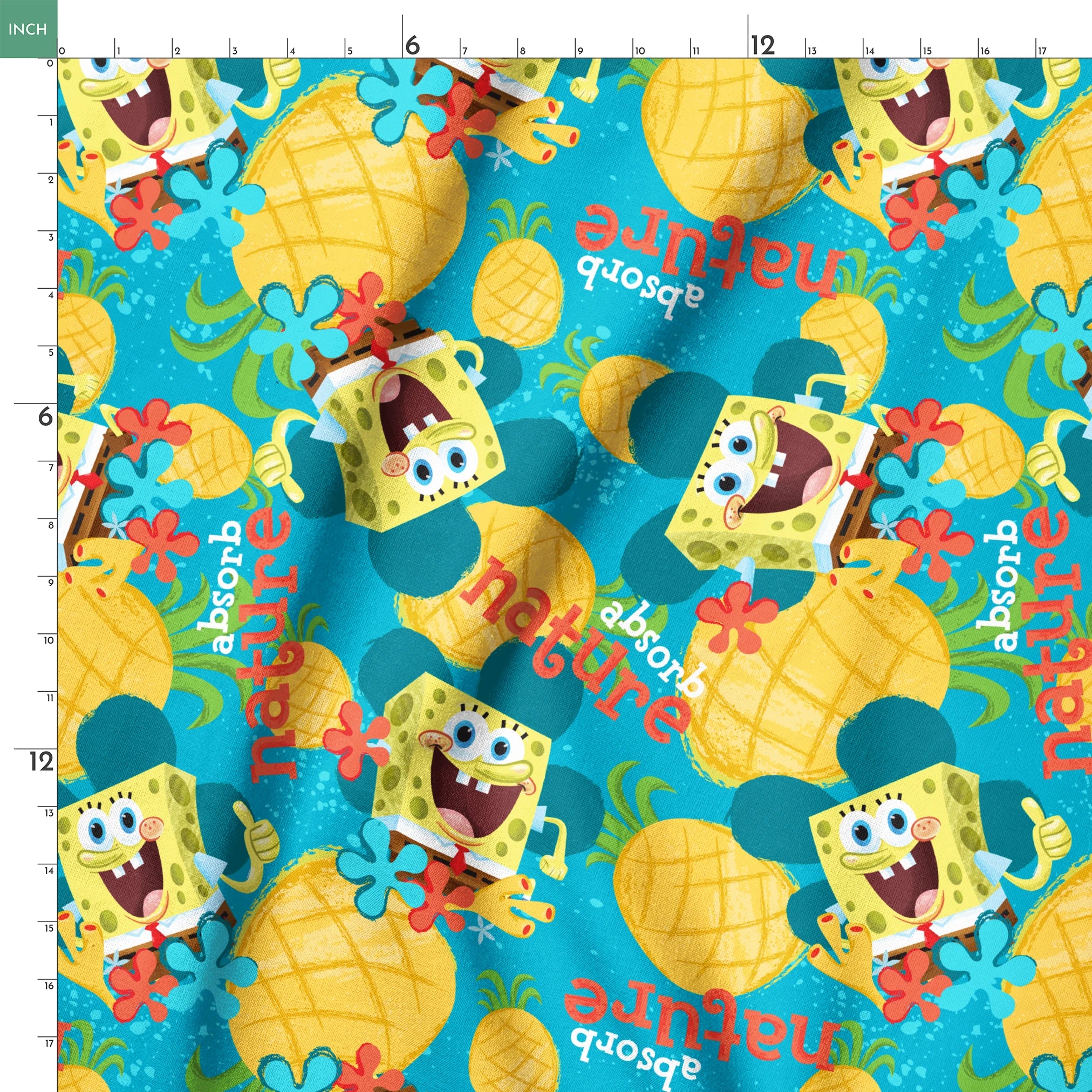SpongeBob SquarePants pattern with pineapples and flowers on teal background springs ruler 18x18
