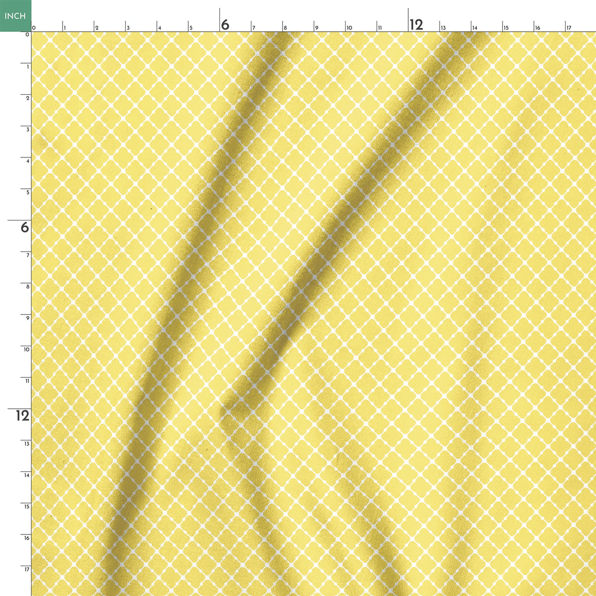 Yellow quatrefoil pattern on white background with Moroccan tile inspired design springs ruler 18x18