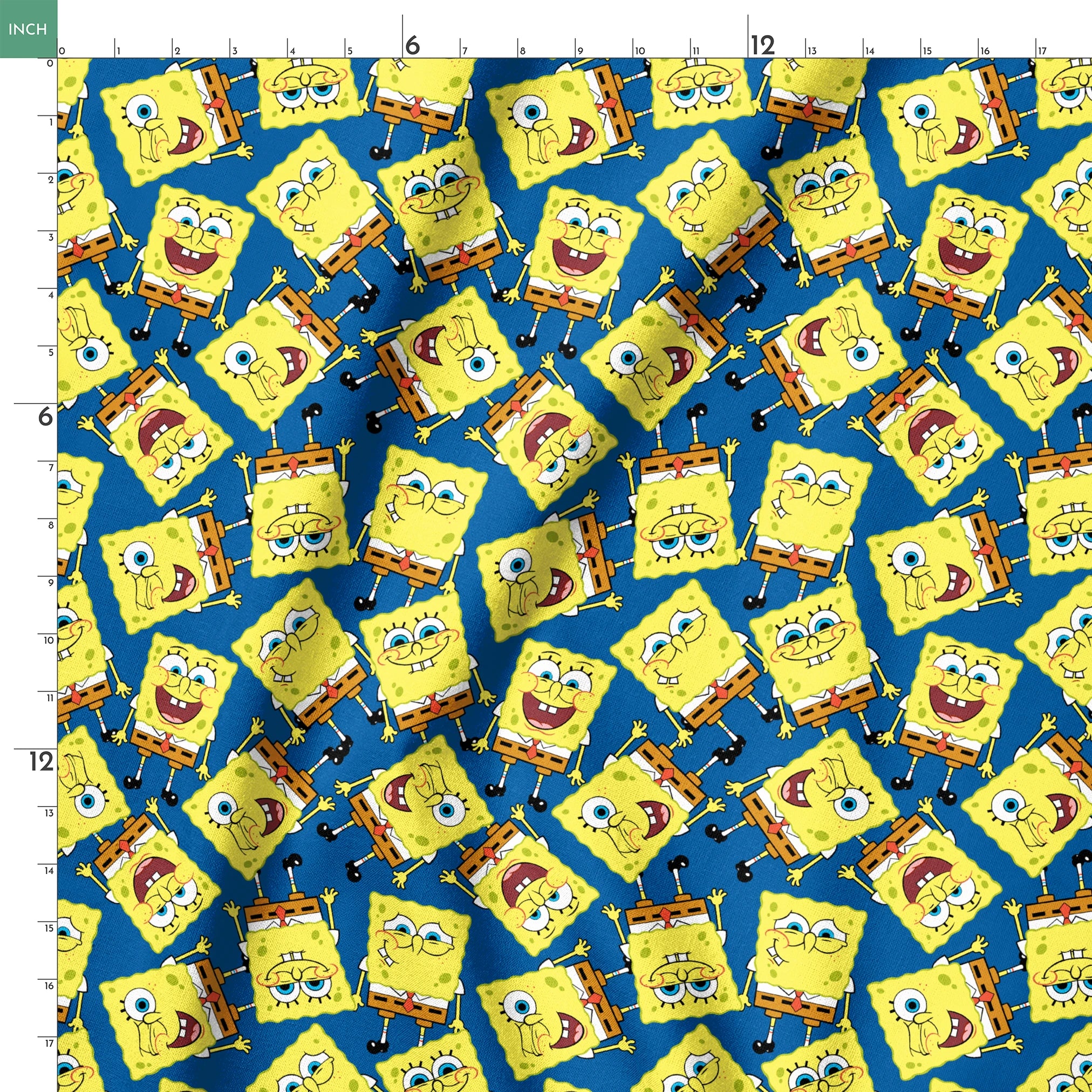 SpongeBob SquarePants pattern featuring various expressions on blue background springs ruler 18x18