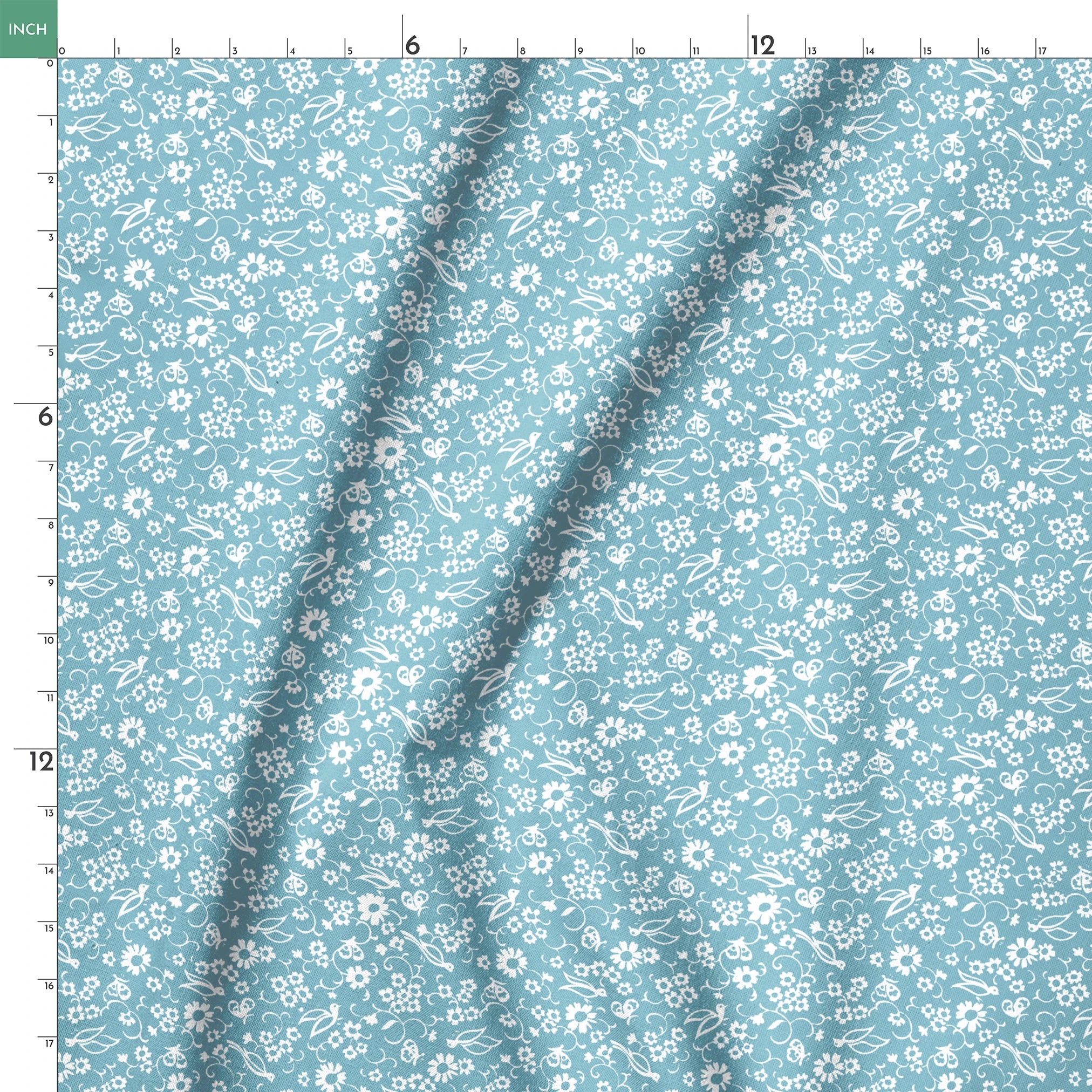White vintage-style bird and floral silhouettes on a dusty blue background. springs ruler 18x18