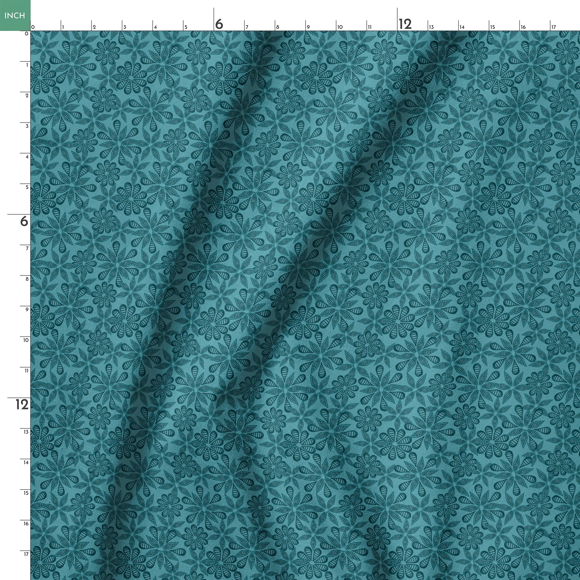 Outlined floral pattern in dark teal on a lighter teal background by Nicole Tamarin. springs ruler 18x18