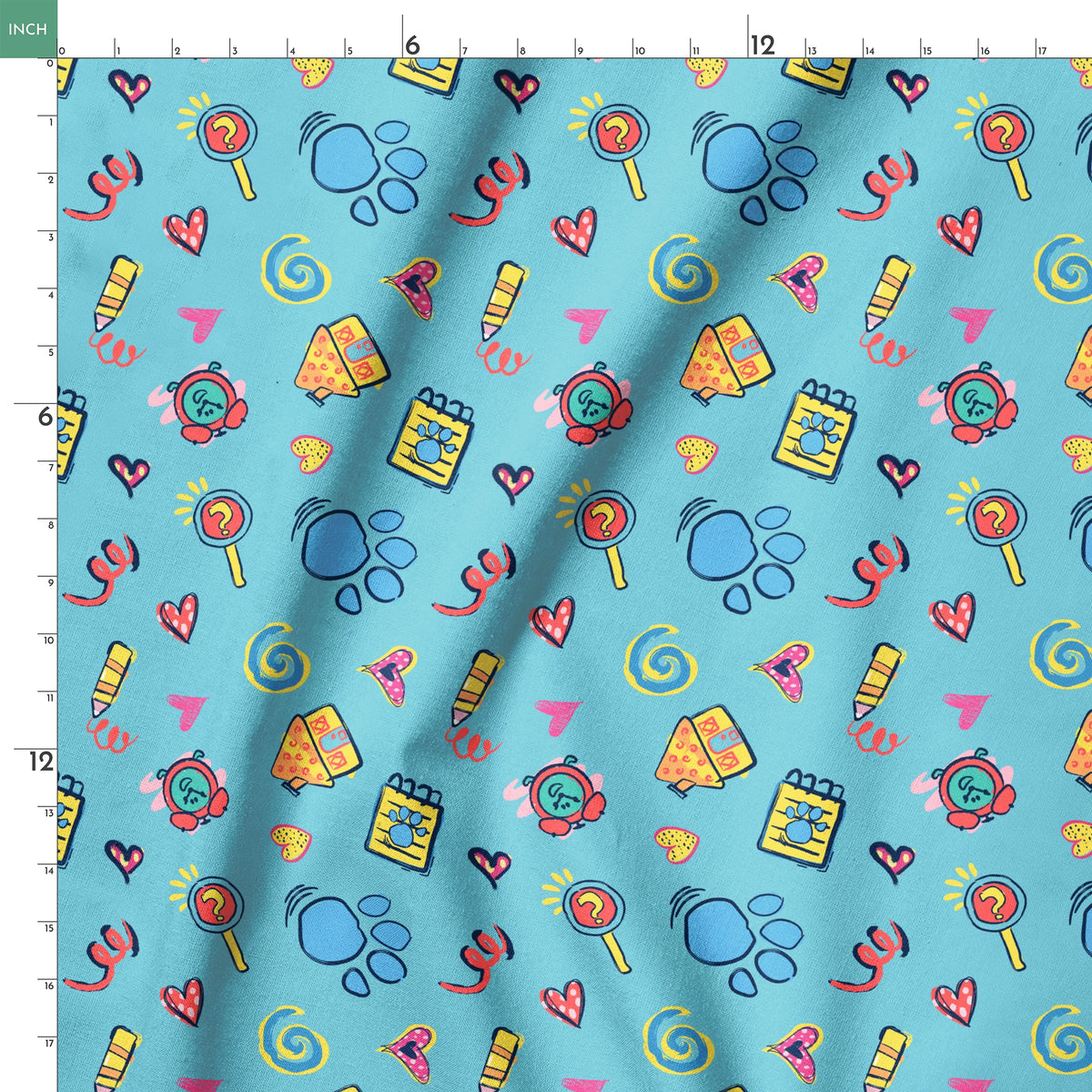 Blue’s Clues doodle-style pattern featuring paw prints, a crayon, spiral notebook, hearts, and magnifying glass on a light blue background. springs ruler 18x18
