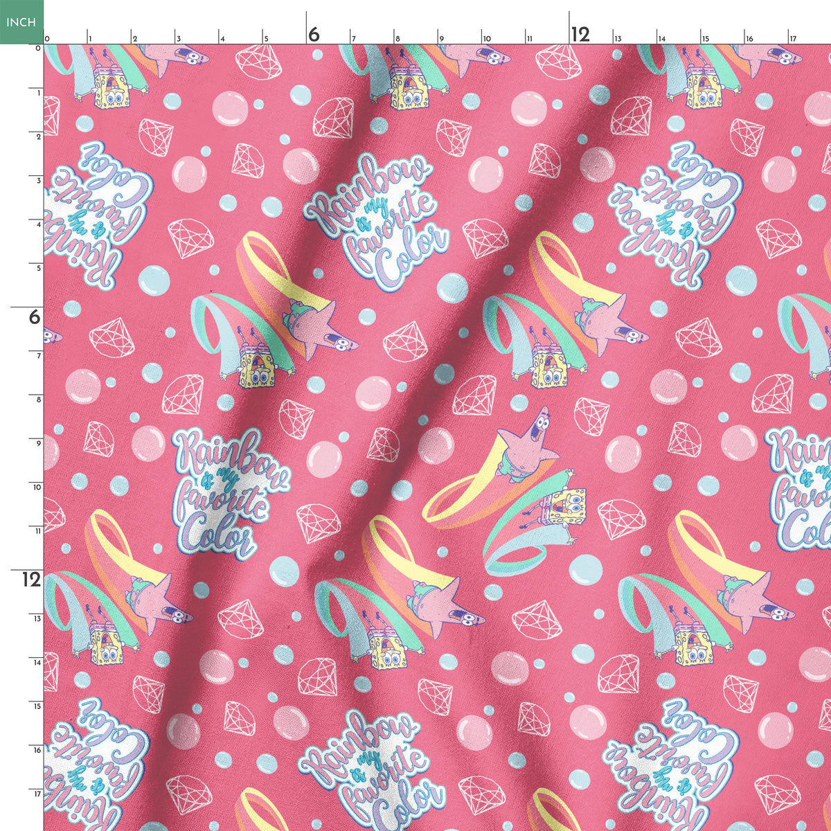 Patrick Star floats among pastel rainbows, bubbles, and gems on a pink background with the phrase “Rainbow is my favorite color” in a SpongeBob design springs ruler 18x18