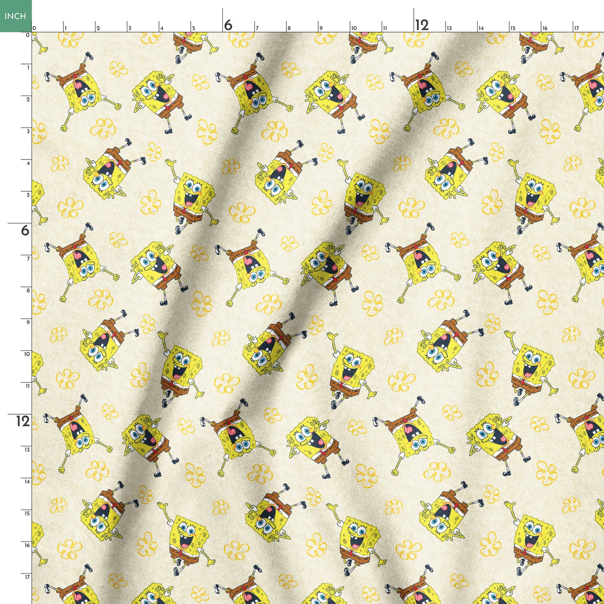 Repeating pattern of SpongeBob SquarePants characters on light yellow background with yellow flowers springs ruler 18x18