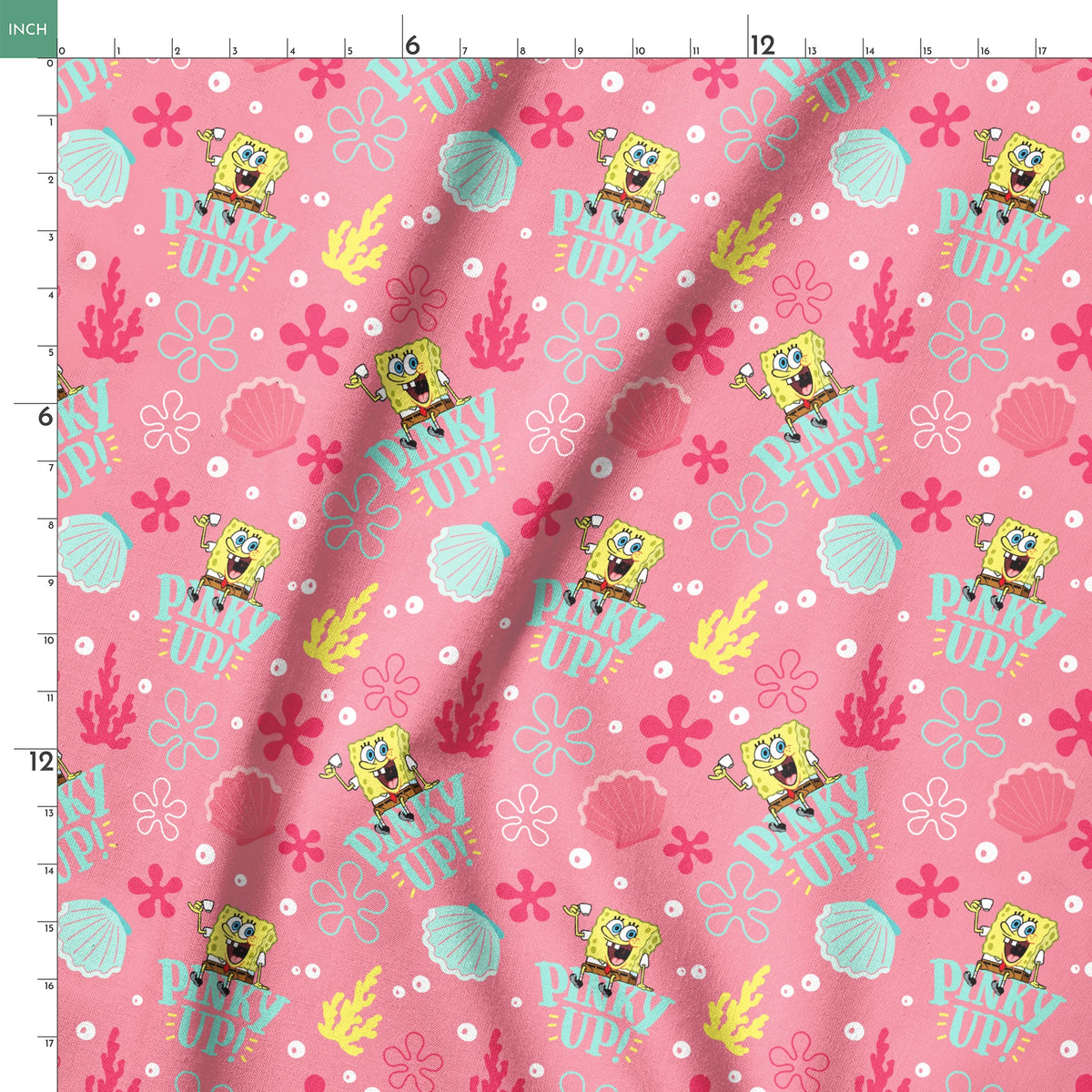SpongeBob holding a teacup with “Pinky Up!” text, surrounded by sea shells, coral, and flower shapes on a pink background. springs ruler 18x18