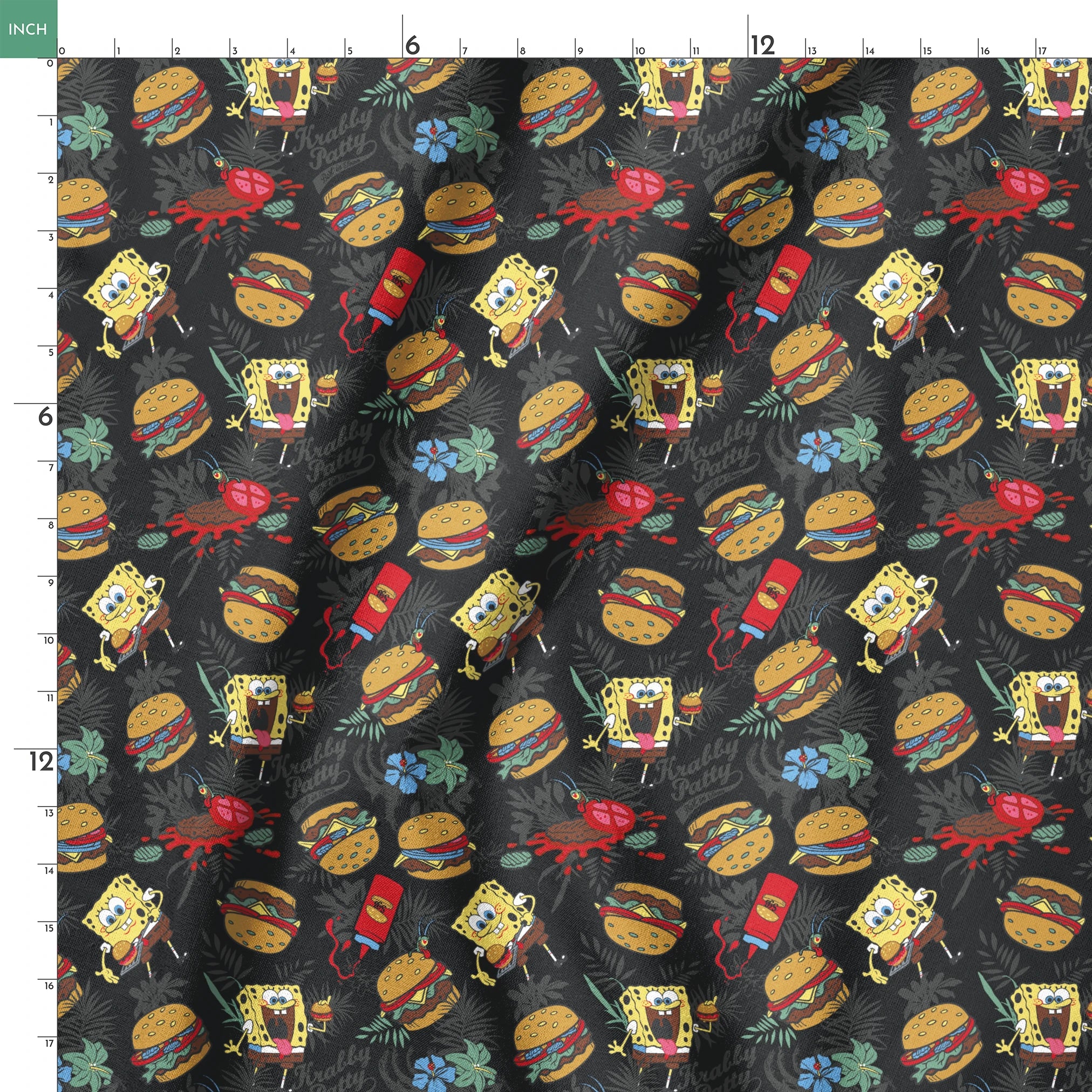 SpongeBob, Plankton, and Krabby Patties with tropical leaves and flowers on a black background in a bold character-themed design. springs ruler 18x18