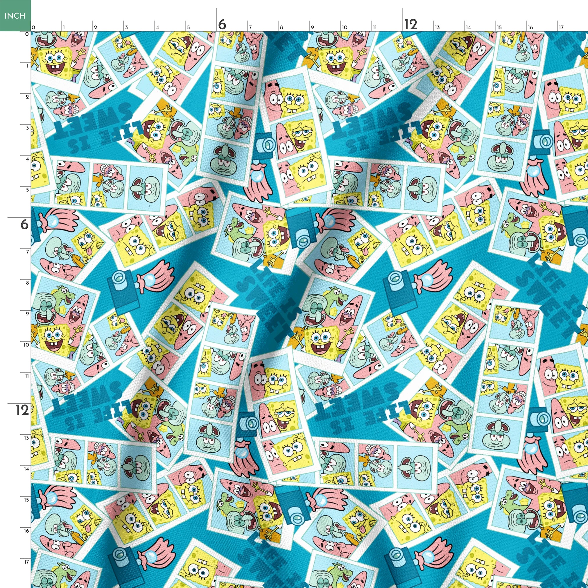 Photobooth-style SpongeBob SquarePants design featuring cartoon snapshots of SpongeBob, Patrick, and Squidward with “Life is Sweet” text on a blue background. springs ruler 18x18