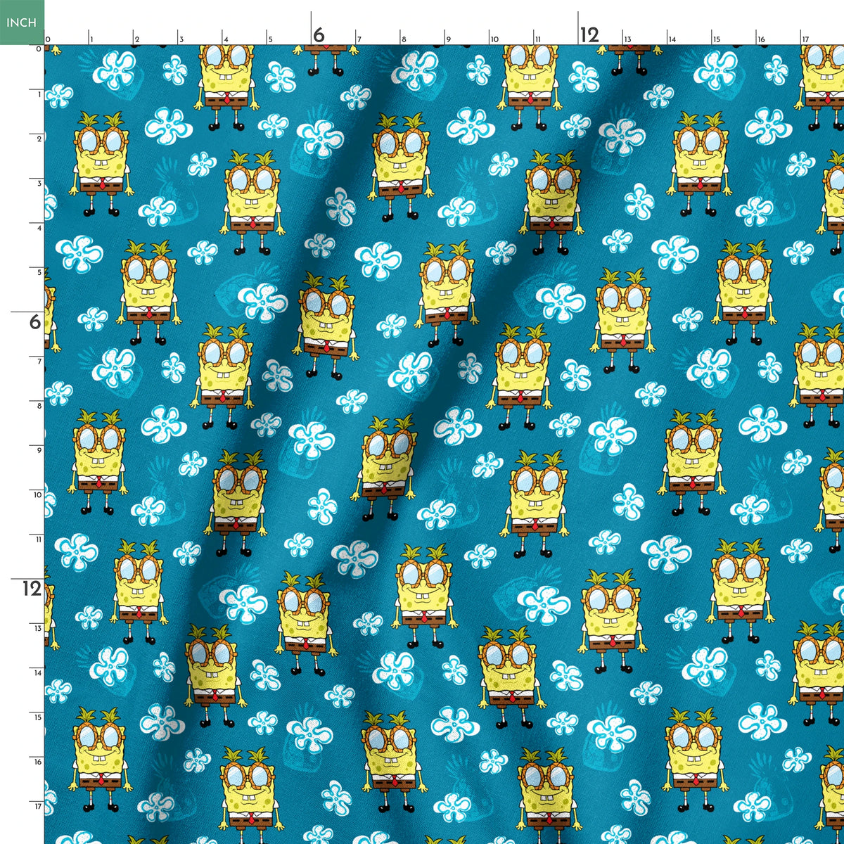 Yellow cartoon character with glasses on teal background with white flower pattern, repeating design springs ruler 18x18