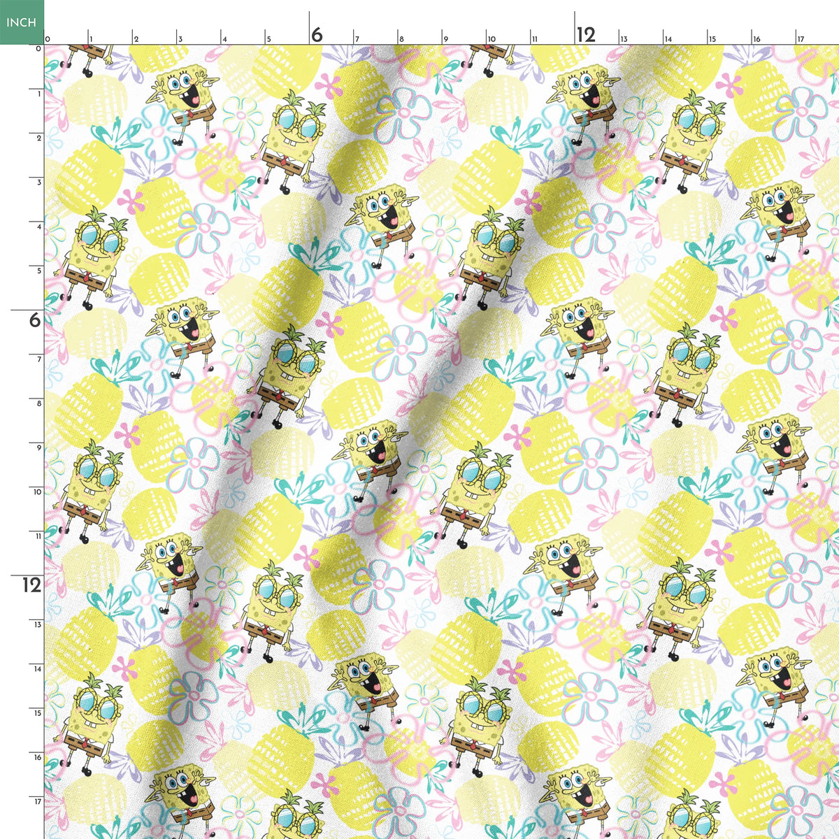 SpongeBob wearing pineapple glasses surrounded by yellow pineapples and pastel floral sketches on a white background in a playful Nickelodeon design. springs ruler 18x18