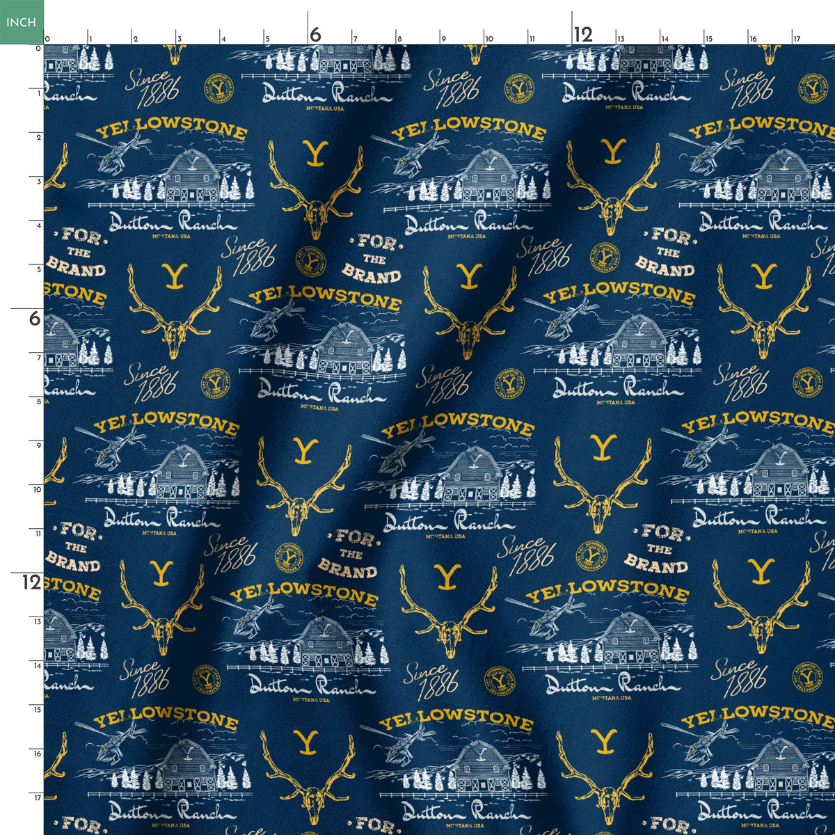 Yellowstone-themed pattern with Dutton Ranch logos, deer antlers, and "Y" branding on navy blue background springs ruler 18x18